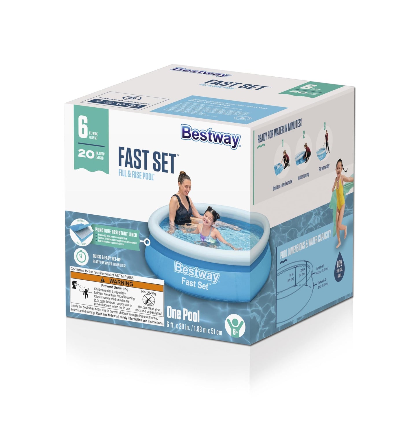 Bestway Fast Set Inflatable Above Ground Pool | 6' x 20" Round | Puncture-Resistant Tritech Material | 248 Gal Capacity | Easy Setup & Storage | Inflatable Top Ring Swimming Pool for Kids