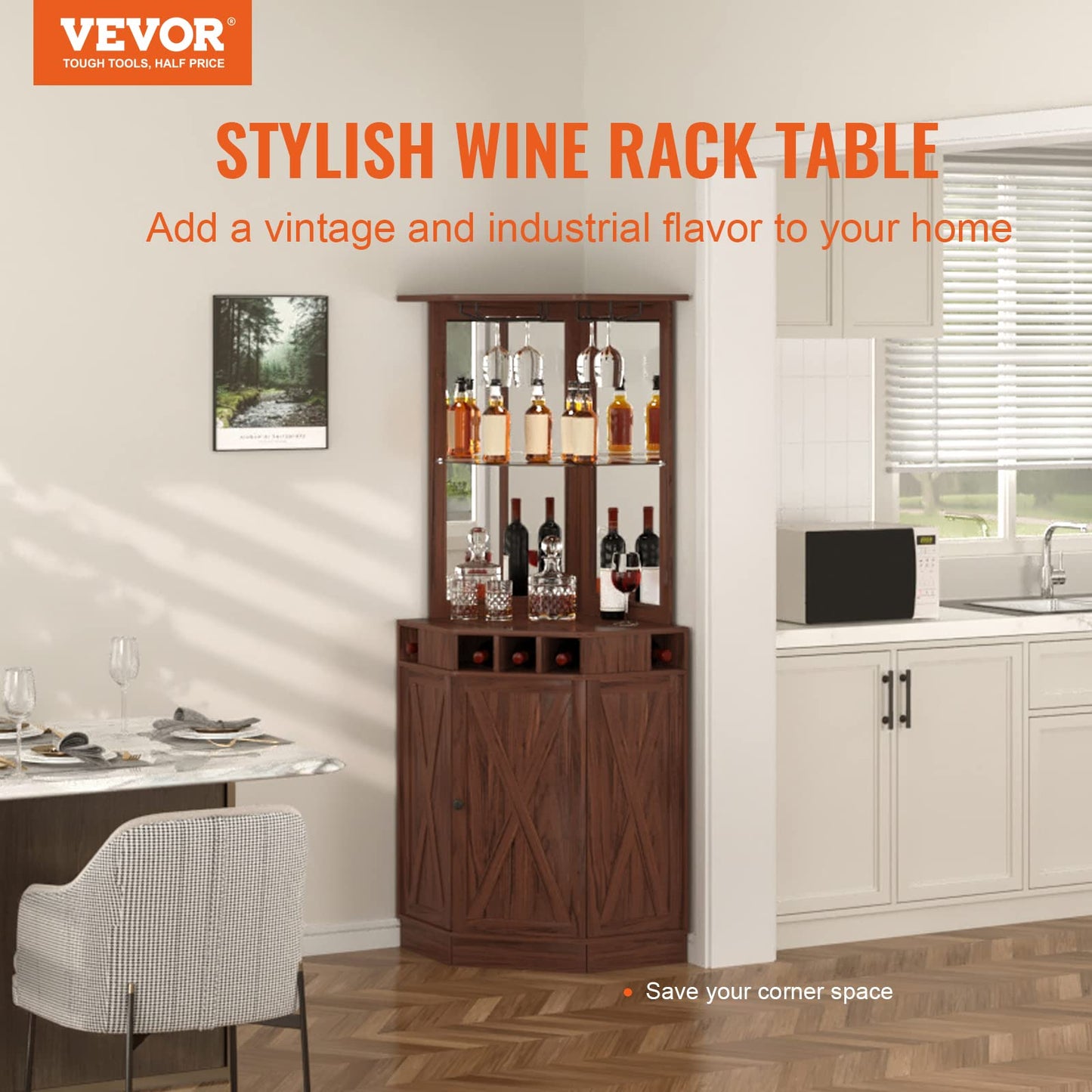 VEVOR Corner Industrial Bar Cabinet, Wine Table for Liquor & Glasses, Sideboard Buffet Cabinet with Glass Holder, Freestanding Farmhouse Wood Coffee Bar Cabinet for Living Room, Home Bar, Black Walnut