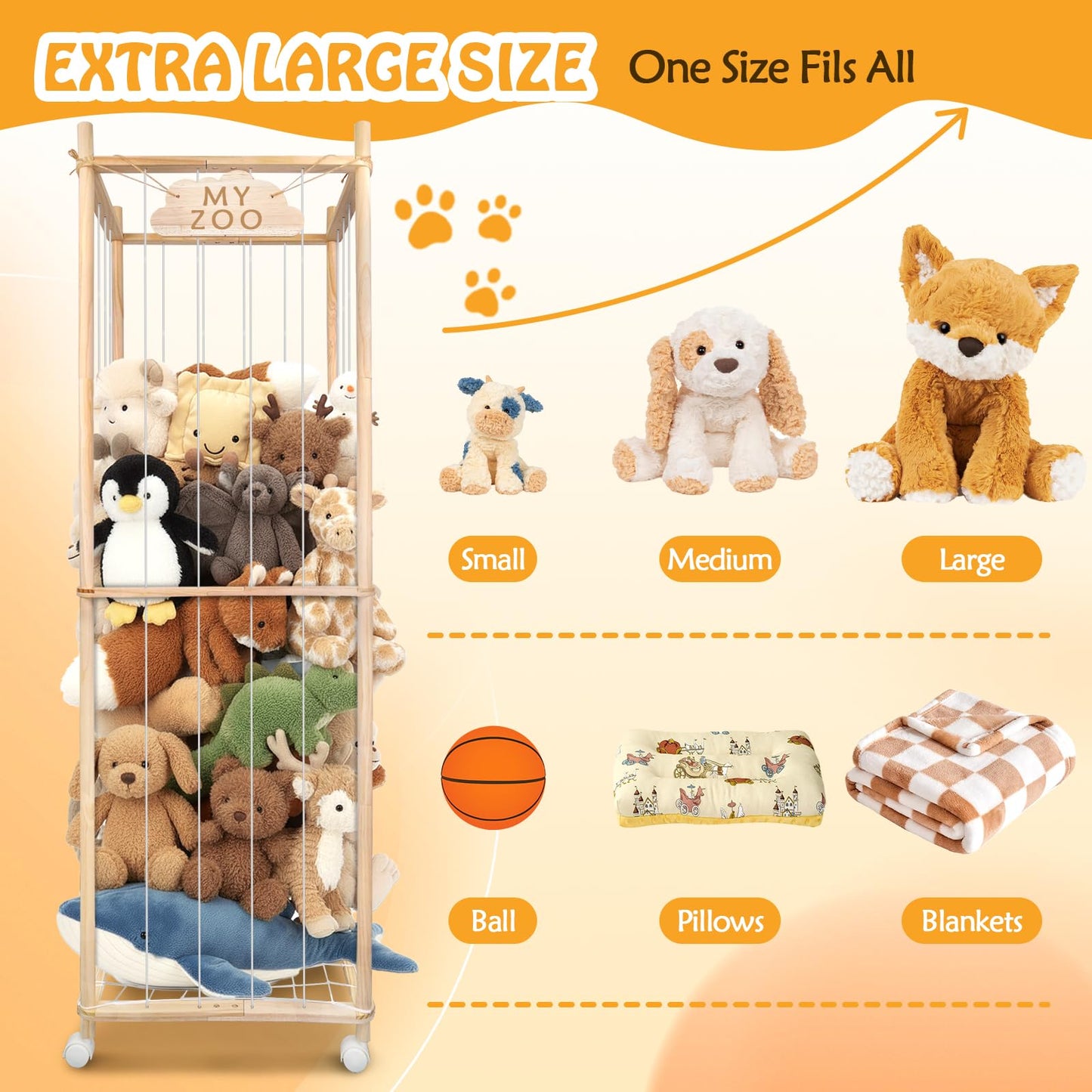 BETBEM Stuffed Animal Storage Zoo with Wheels, 64" Wooden Large Stuff Animals Plushies Holder Toy Organizer Kids Plush Storage Cage with Elastic Band and Net for Nursery Playroom Corner for Toddler