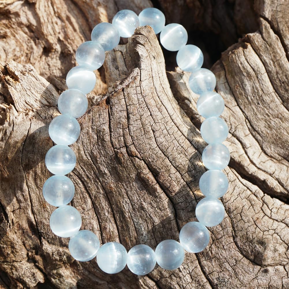TaHLga Natural Selenite Bracelet 8mm | Aqua Blue | Crown Chakra Crystal with Cat-eye Effect | Handmade Meditation Healing Bracelet for Women Men | Beading Tool Kit - Fits for 6.5-7.5 inch Wrist Size