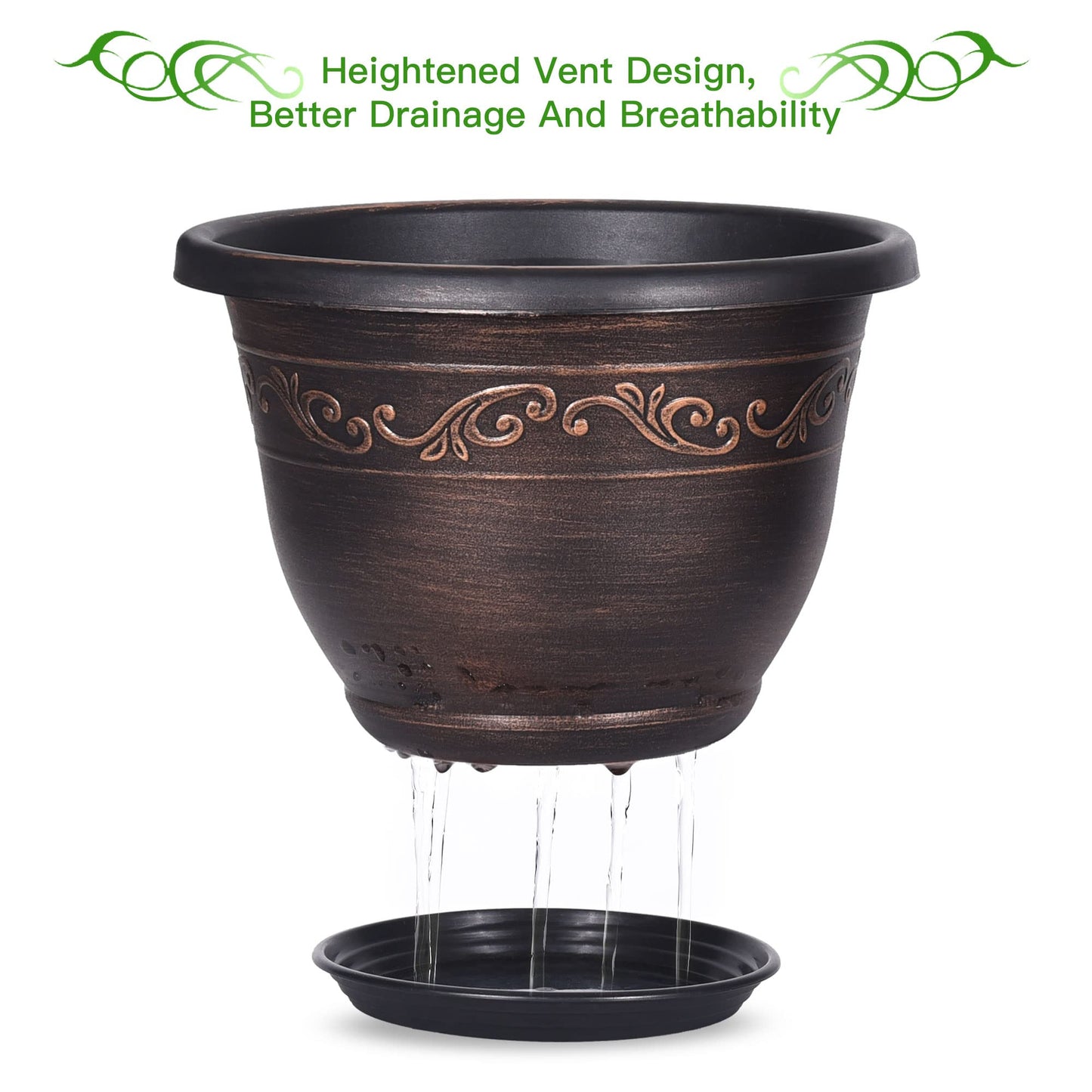 Plastic-Plant-Flower-Planters-14 Inch With Drainage Hole & Saucer, 3 Packs Lightweight Large Resin Flower Pot Indoor Outdoor, Retro Antique Imitation Decorative Garden Containers Sets For Houseplants