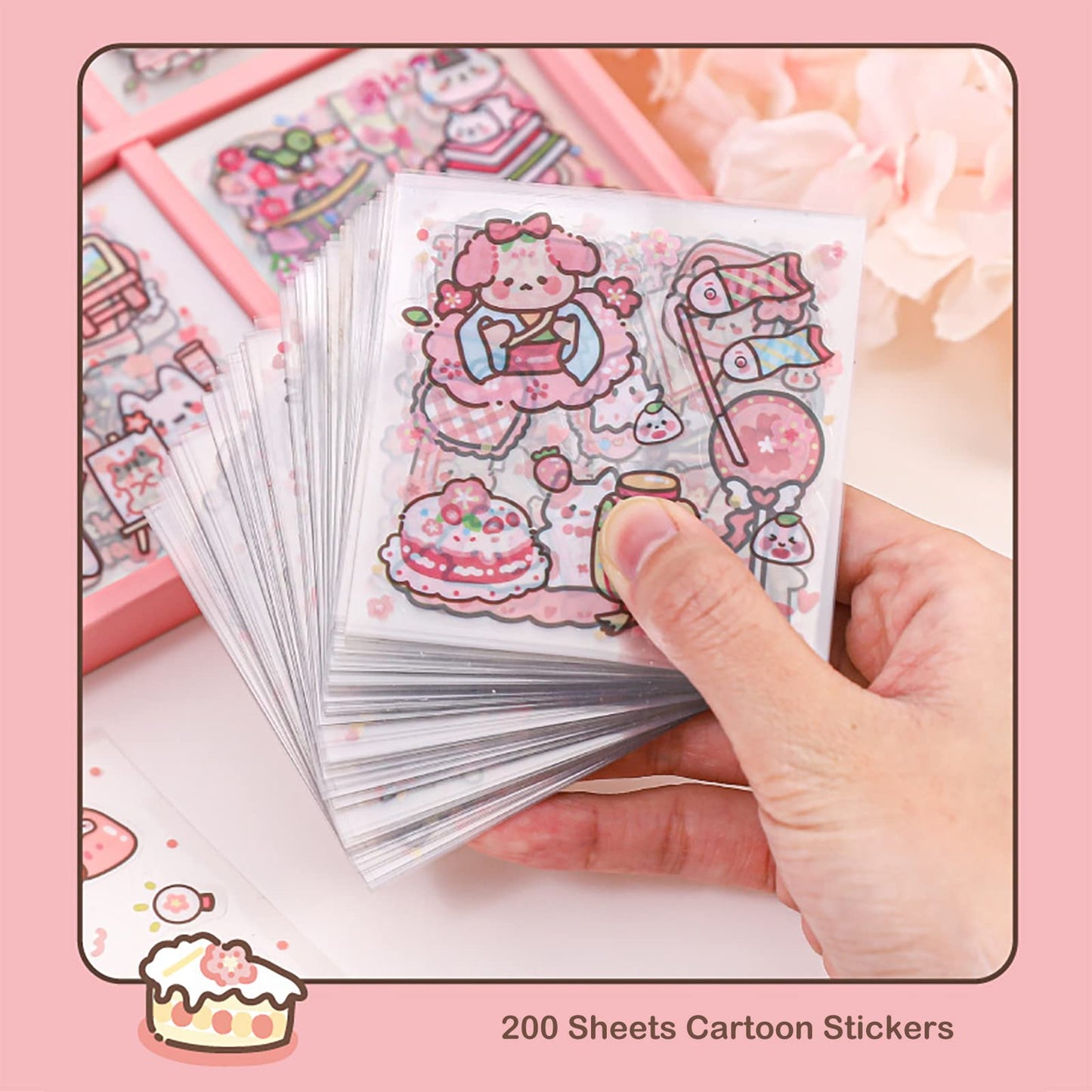 Doraking Kawaii Cute Animal Stickers for Journaling Scrapbooking, Vinyl Transparent Flower Stickers for Water Bottle Laptop, 200 Sheets Aesthetic Sticker Boxed Gifts for Teens Adults