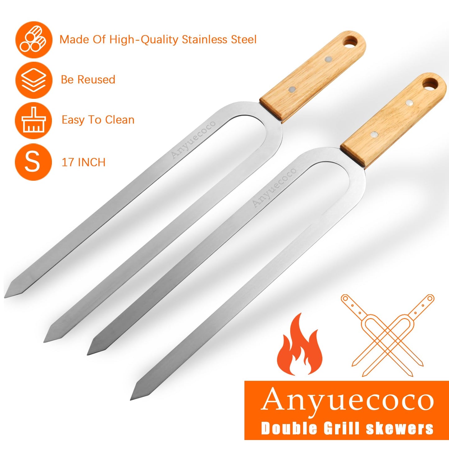Anyuecoco Kabob Skewers for Grilling,6 PCS - 17 Inch Double Prong Skewers for kabobs,Stainless Steel Skewer,Flat Metal Skewer,Perfect For Meat,Chicken,Sausages,Veggies,Seafood