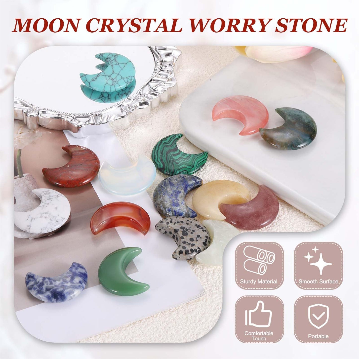 MECCANIXITY 10 Pcs Moon Crystal Worry Stone, 1.2 Inch Length Natural Clear Quartz Moon Gemstone Bulk, Carved Pocket Stones for Meditation Balancing Pendant Decor