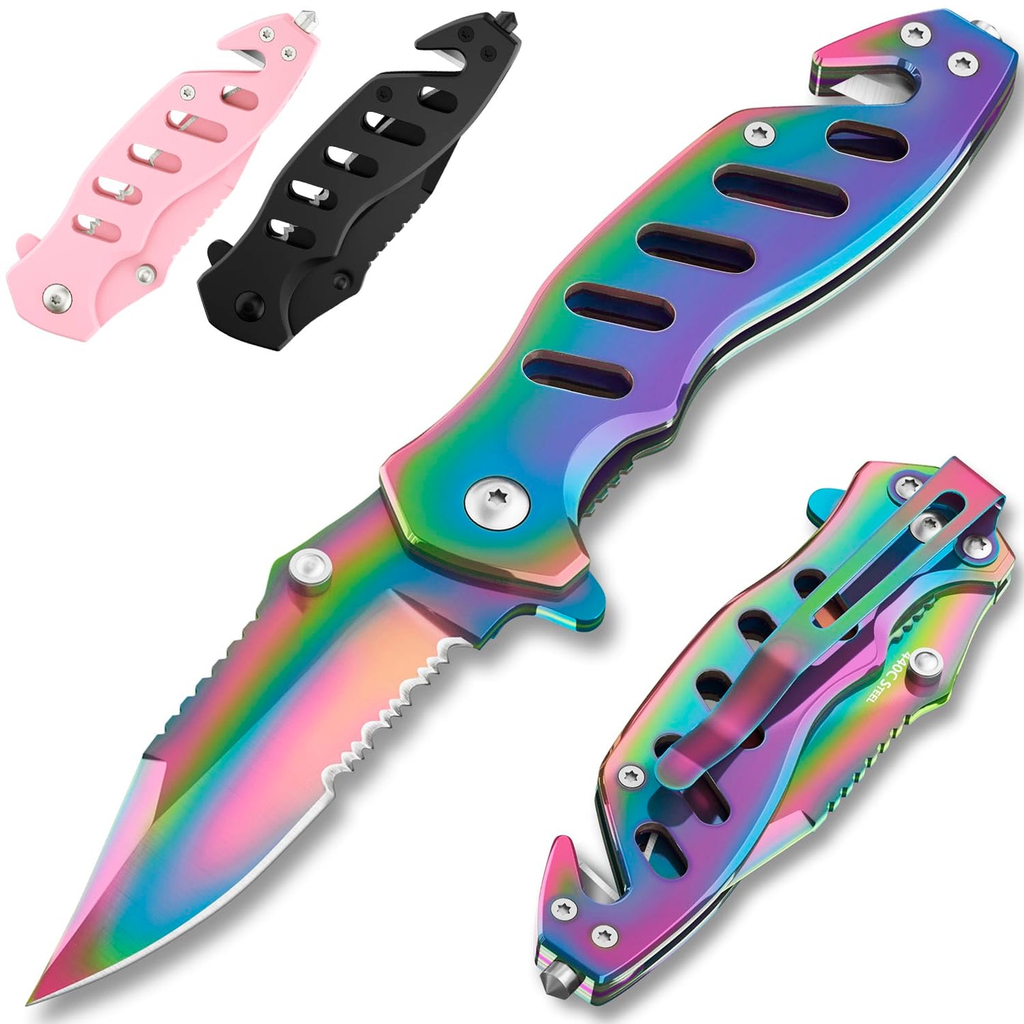 Legal Rainbow Pocket Knife with Glass Breaker Seatbelt Cutter - 2.68 Inch Sharp Serrated Blade - Cute Small Folding Womens Knives for Self Defense EDC Camping - Birthday Gifts for Women - 6655 R