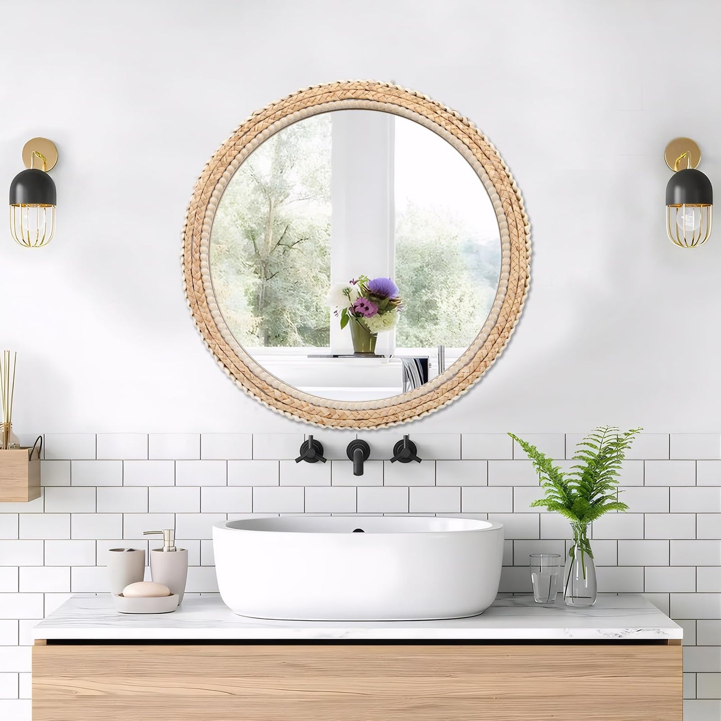 FUIN 24" Rattan and Wood Round Mirror for Boho Bathroom, Entryway, Living Room Decor