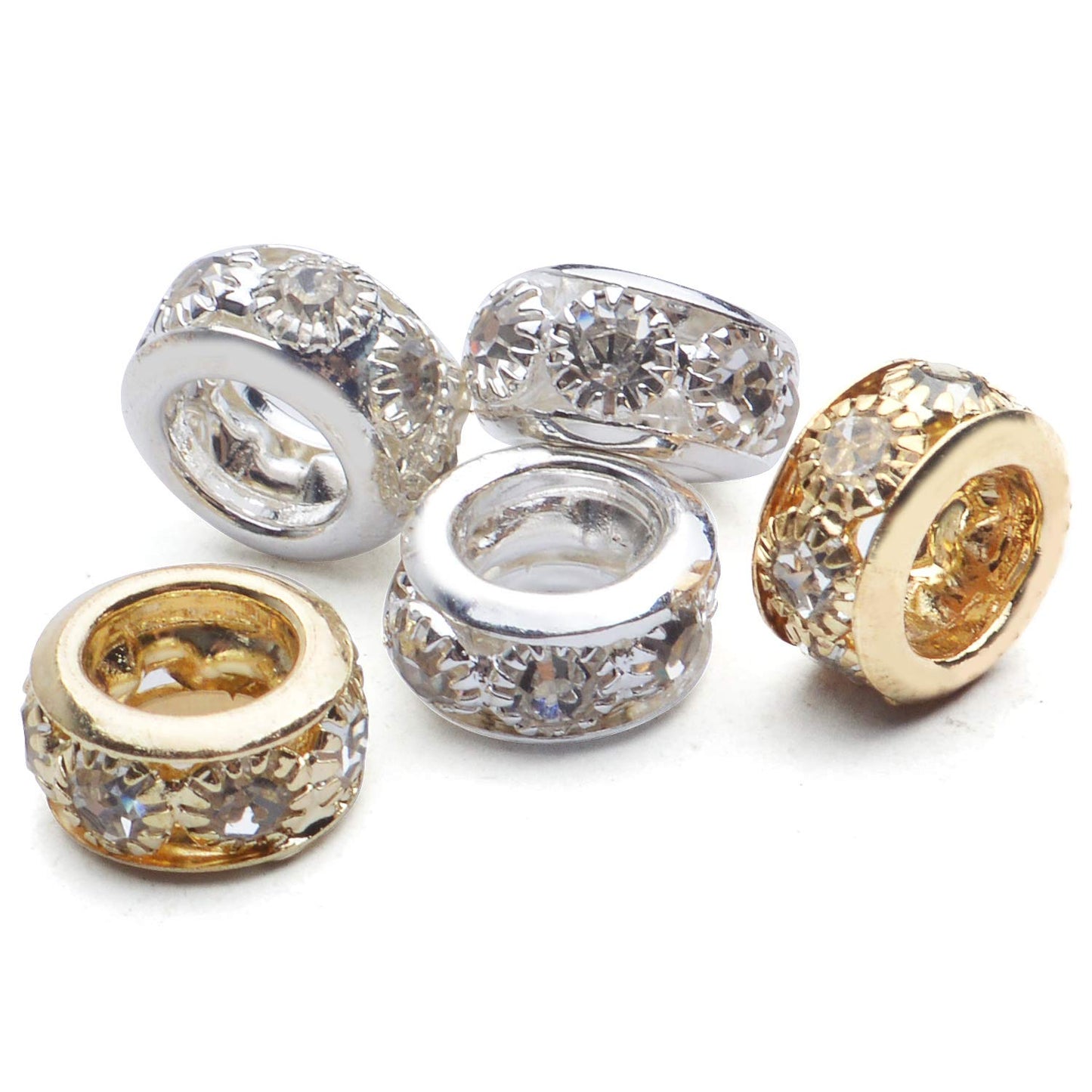 Large Hole Rhinestone Spacer Beads, 40pcs 10mm Crystal Pave Brass Rondelle Beads Fit European Bracelet Snake Chain Jewelry DIY