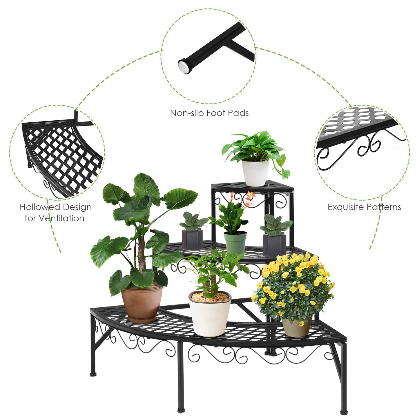Giantex 3 Tier Metal Corner Plant Stand, Quarter Round Plant Corner Shelf w/ Non-Slip Pads, Corner Plant Stand Corner Shelf Flower Pot Ladder Plant Display Rack Indoor Outdoor (Quarter Round)