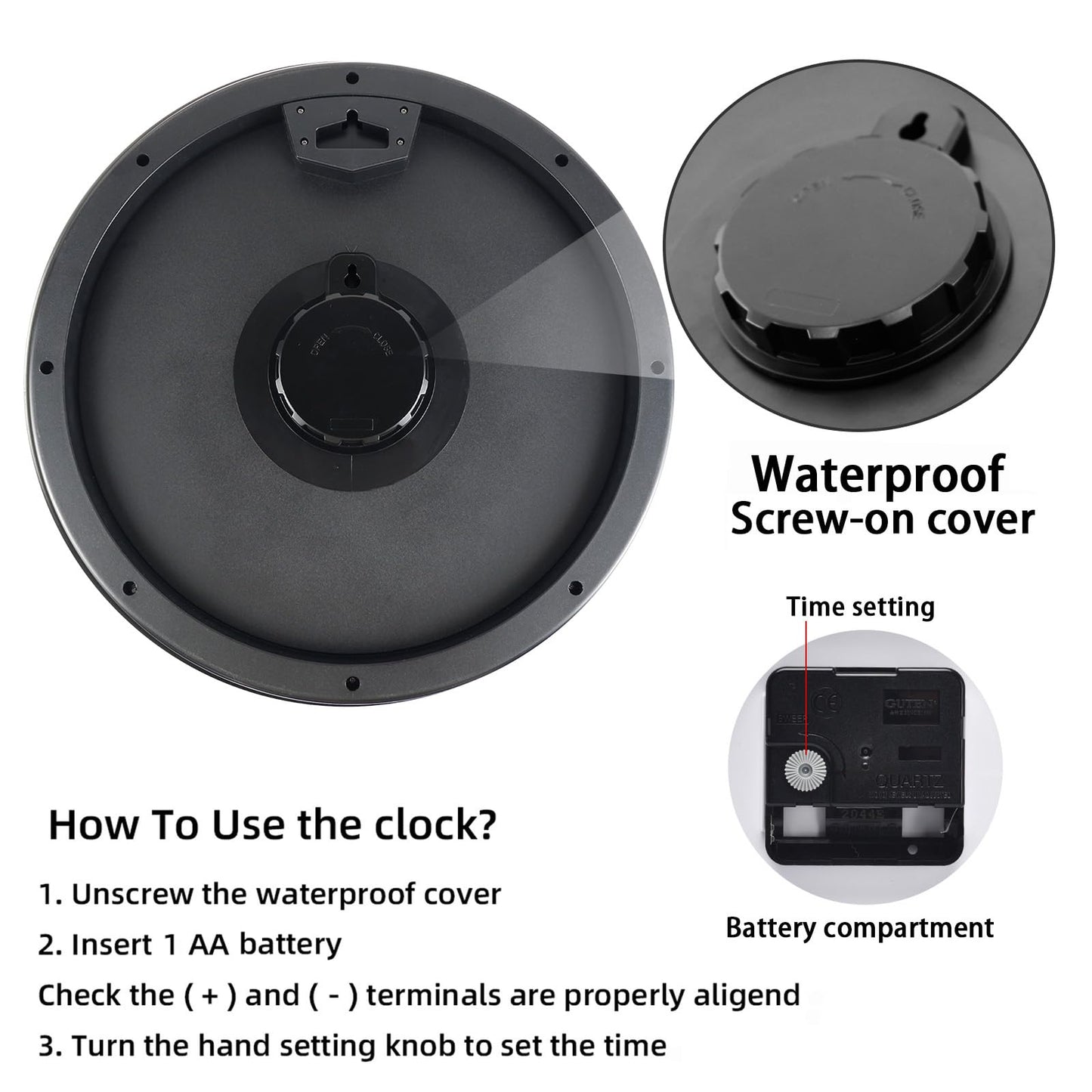 Caysie 16 Inch Sealed Large Outdoor Clock Waterproof, Silent Battery Operated Weatherproof Wall Clocks for Pool Patio Outside Home (Black)