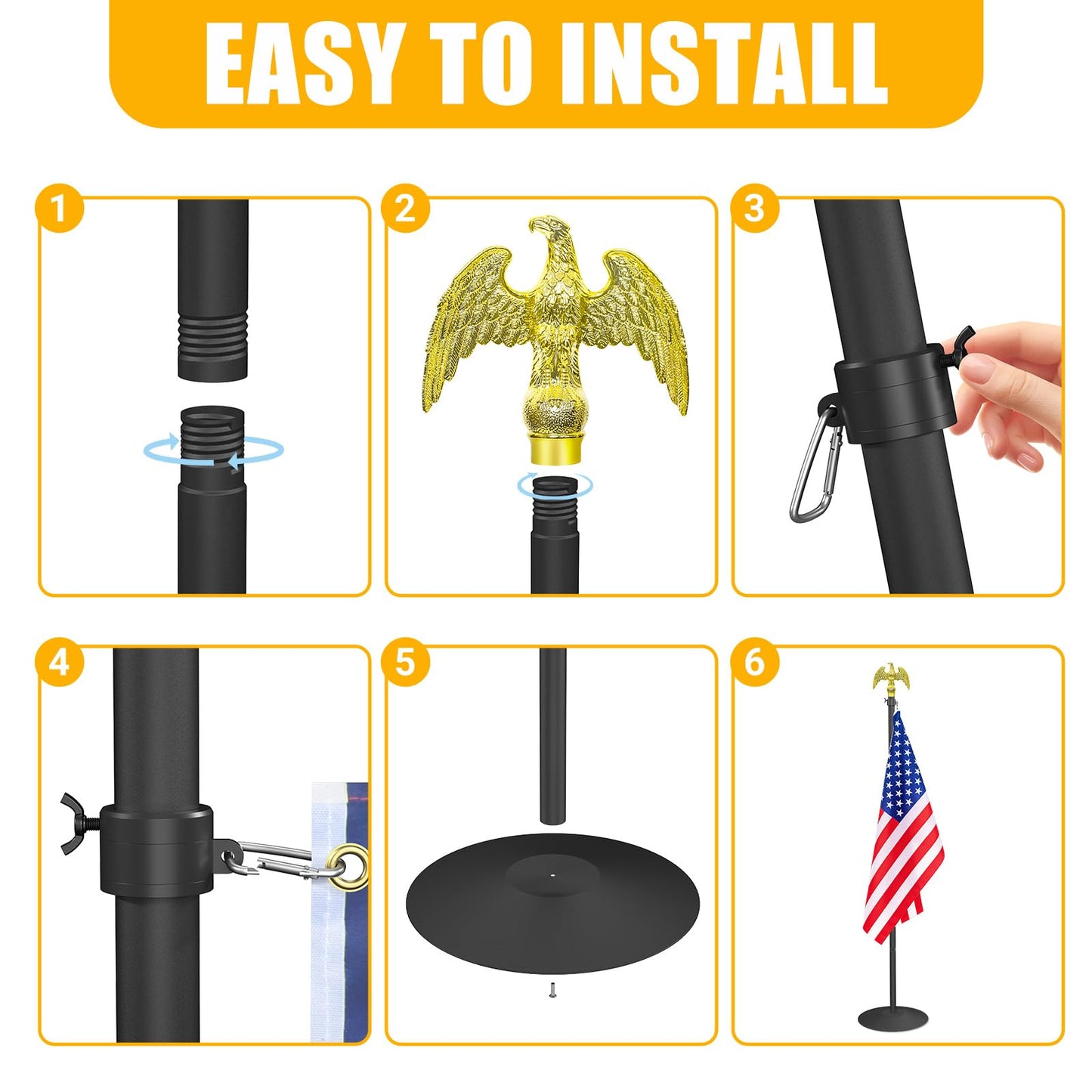 Wphold Indoor Flag Pole and Stand with 3x5 Ft American Flag & Golden Eagle Topper – 8FT Heavy Duty Flagpole Kit with Tangle-Free Rotatable Hooks & Stable Round Base for Office, Classroom, Home Decor