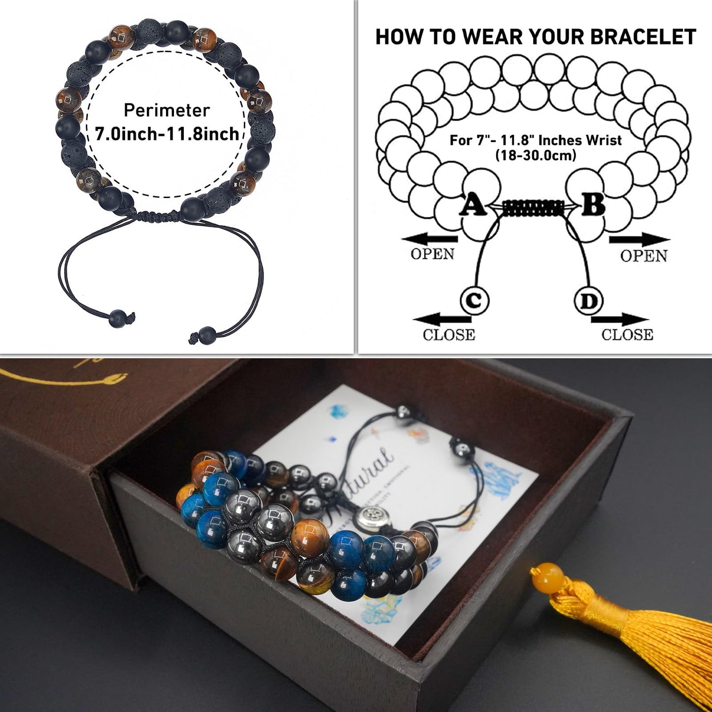 Triple Protection Energy Bracelet, Healing Crystals for Negative Energy Protection, Unisex Amulet with Obsidian, Tiger Eye, and Onyx Stones, Spiritual Jewelry for Men and Women, Healing, Manifestation, and Wellness(8mm Obsidian Blue Tiger Eye Bracelet)
