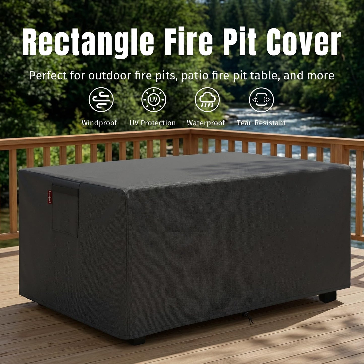 SHINESTAR Fire Pit Cover Rectangular for 44-48 Inch Fire Pit Table，Heavy-Duty Ripstop & Waterproof, with Windproof Drawstring and Buckles, 48 x 28 x 24 Inches