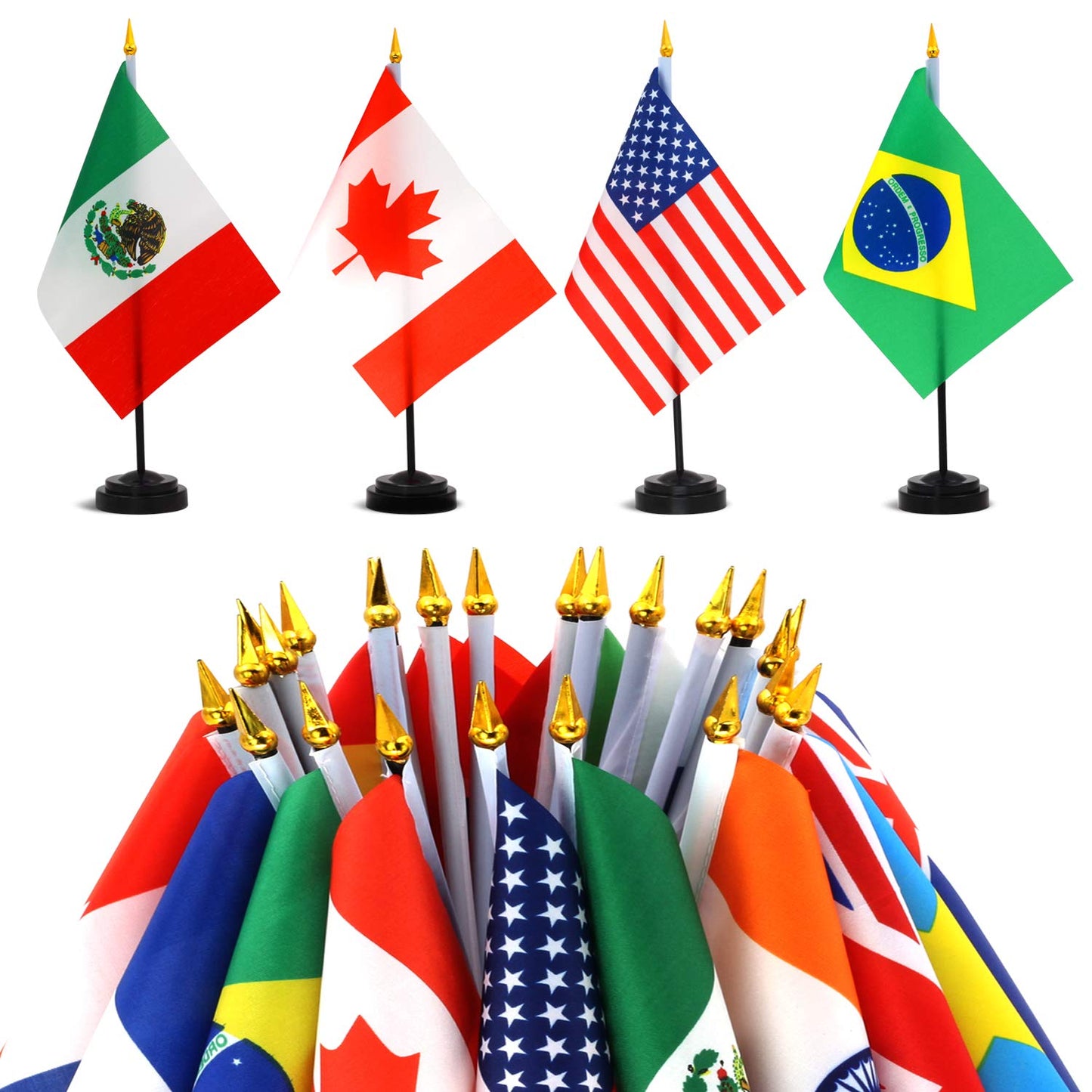 ANLEY 24 Countries Deluxe Desk Flags Set - 8 x 5 Inches Miniature American US Desktop Flag with 13" Black Pole - Vivid Color and Fade Resistant - Come with Black Base and Black Top