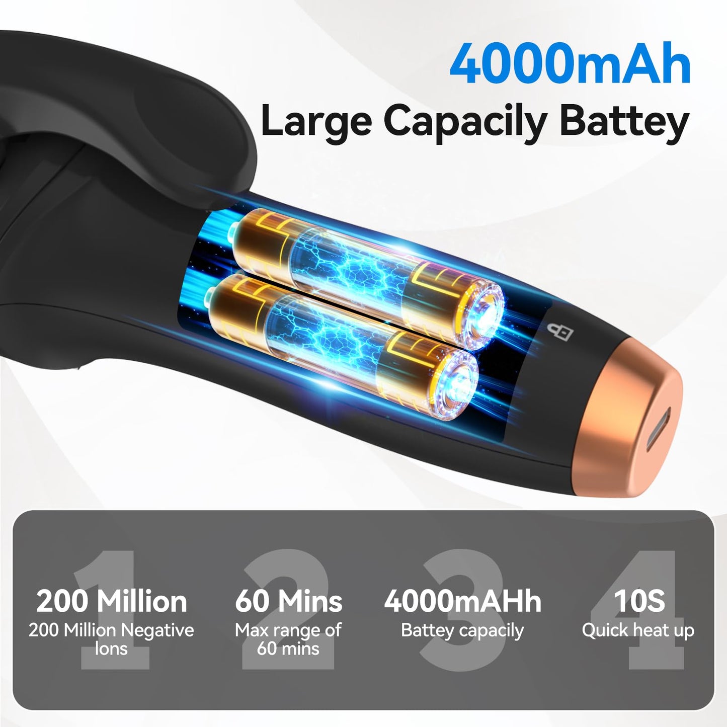 Cordless Curling Iron Mini Curling Iron, USB Rechargeable 4000 mAh 3 Temp Setting Travel Portable Hair Curler with 200 Million Negative Ion Cordless Hair Curler