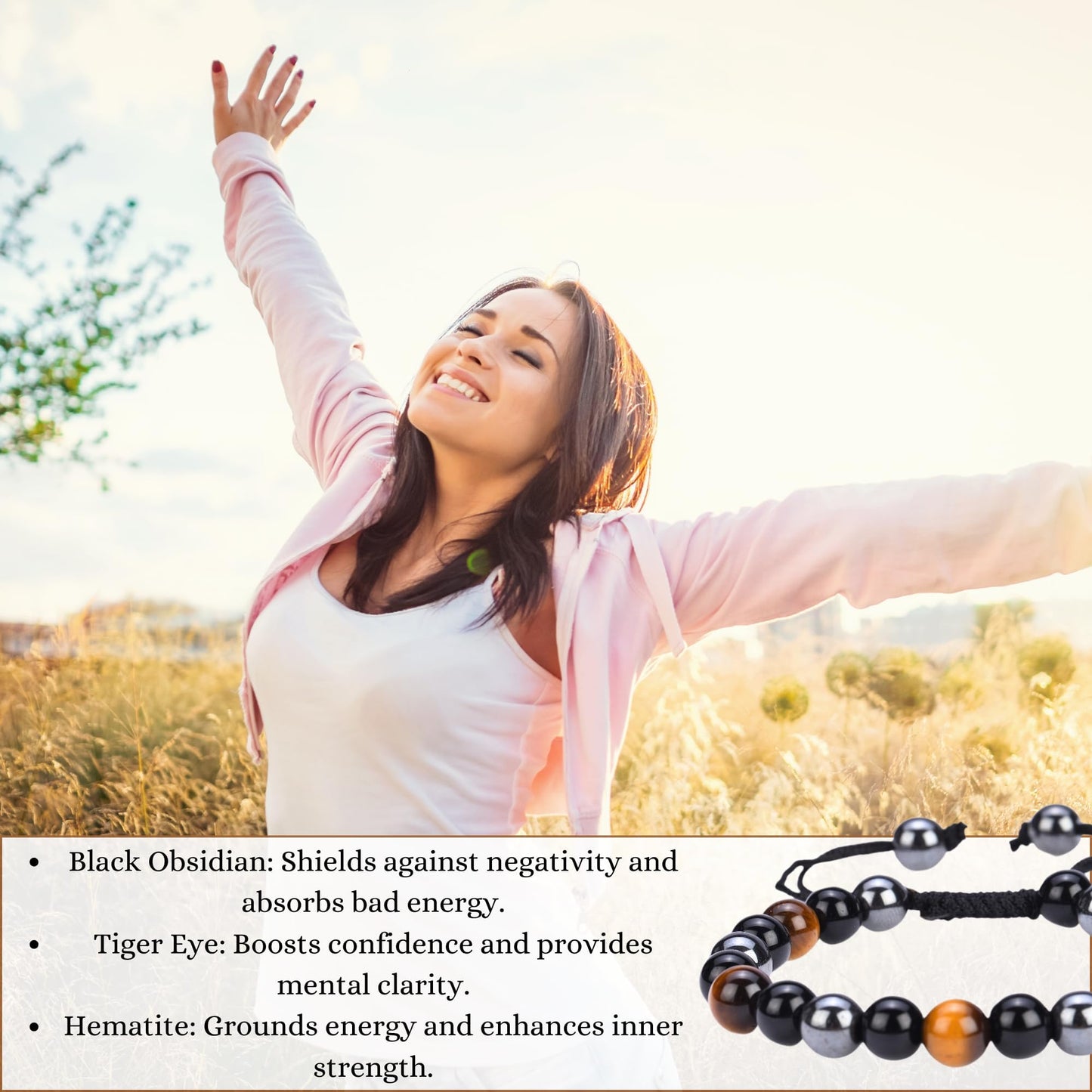 ANAYA AGATE Healing Crystal Bracelet – Chic Gemstone Bracelet for Men and Women – 8mm Round Bead Bracelets for Spiritual Healing, Protection, Positive Energy - Triple Protection