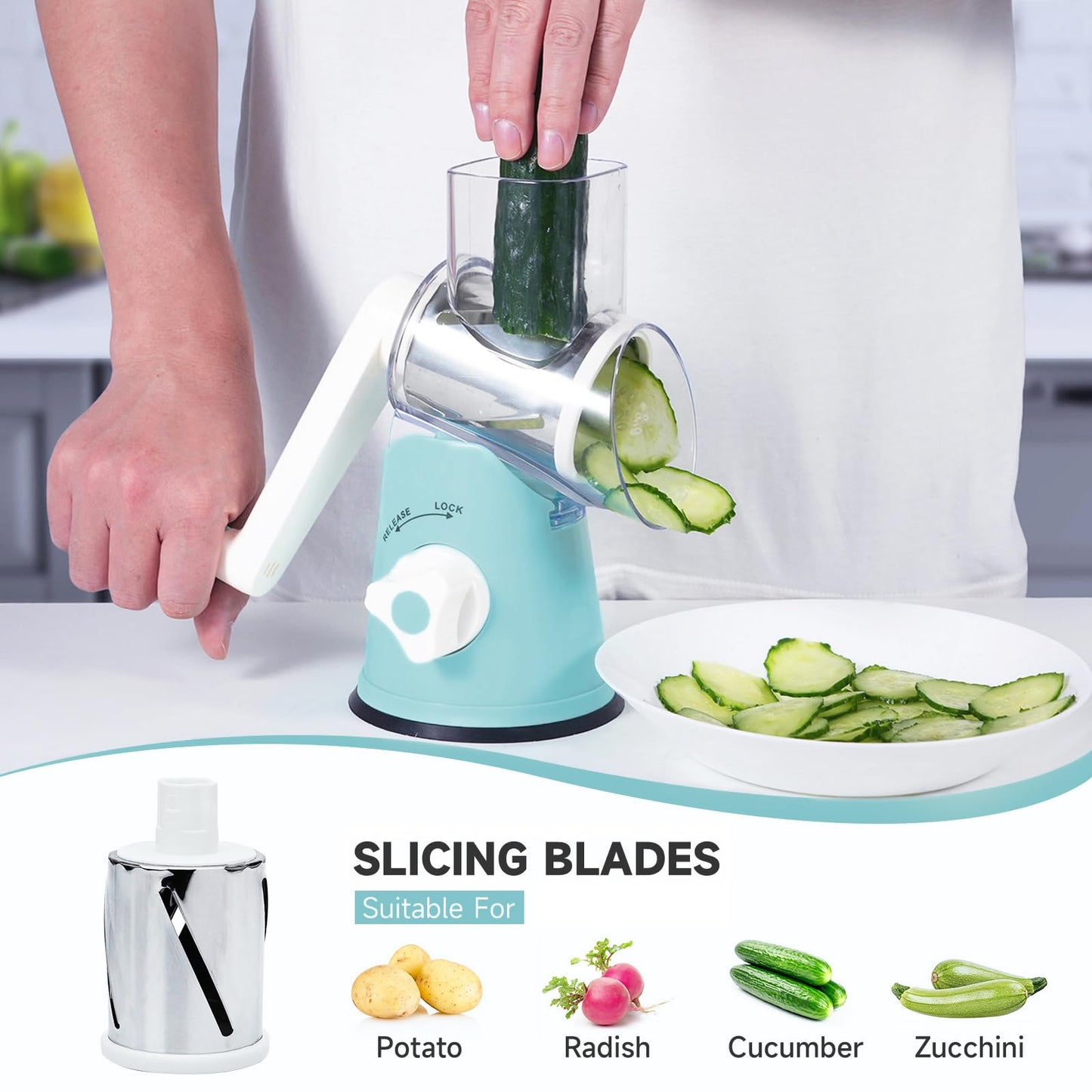 REDPANT Rotary Cheese Grater, Cheese Grater Hand Crank with 3 Interchangeable Blades, Manual Cheese Shredder with Strong Suction Base, Easy to Use and Clean, Blue