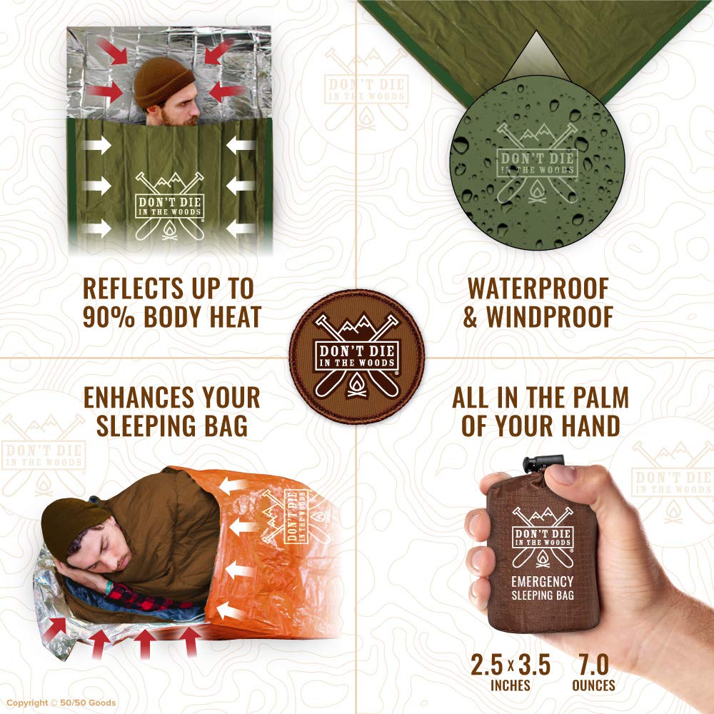 Don’t Die in The Woods - Emergency Sleeping Bag with Hood - Made with Extra Thick Thermal Mylar - Hiking Camping Blanket Survival Gear Essentials Tactical Car Disaster First Aid Kit (Green)