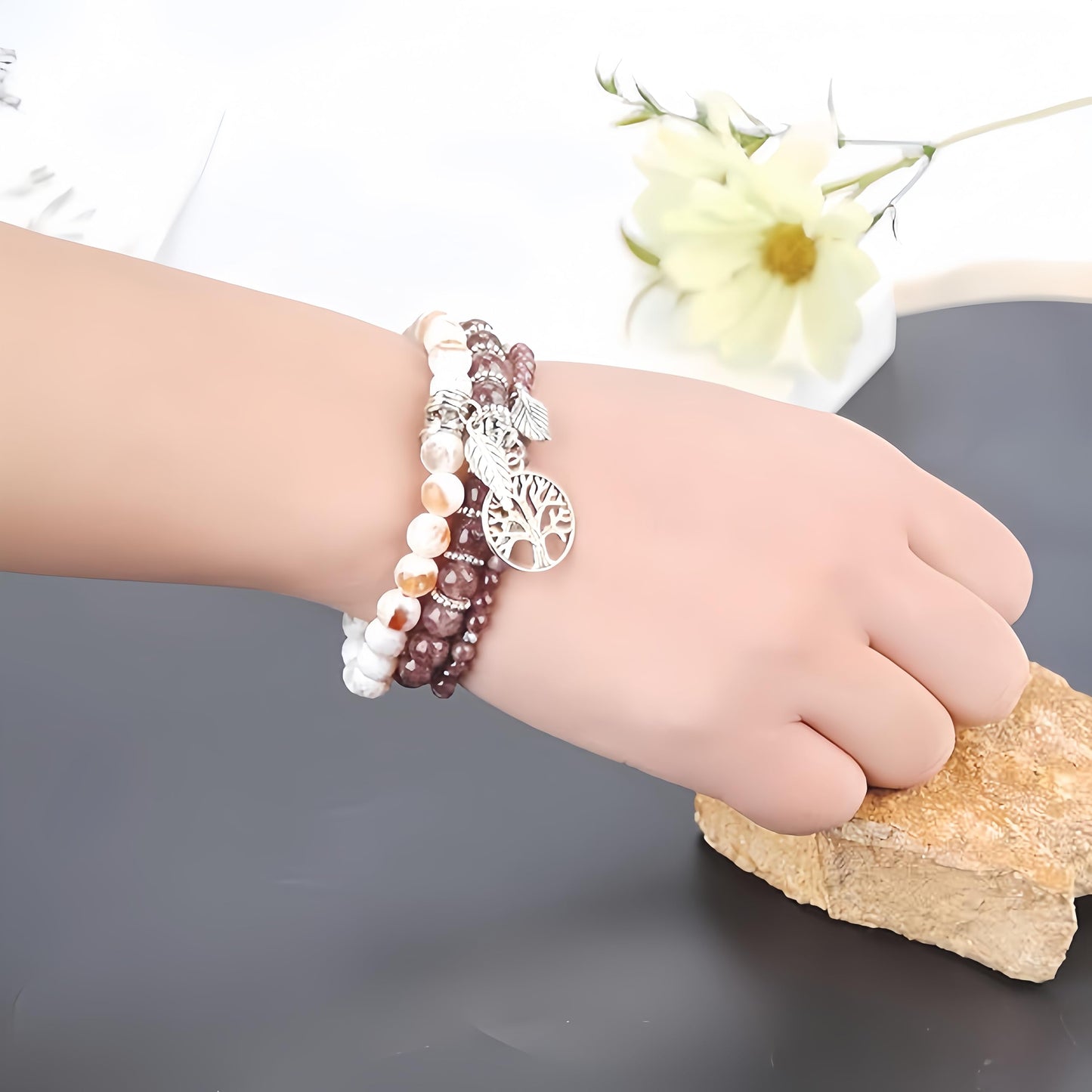 Jardme Healing Crystal Bracelets for Women, 8mm Beaded Natural Stone Stretch Chakra Bracelets Tree of Life Bracelet Jewelry Gifts for Women