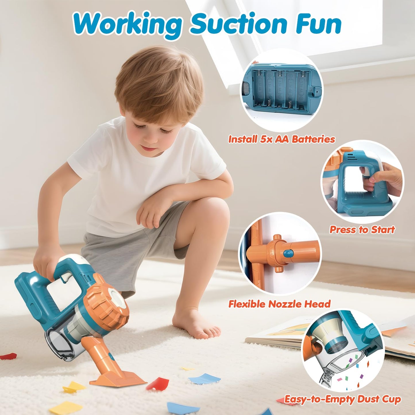 BAYMI 3-in-1 Kids Vacuum that Really Works – Working Toddler Vacuum Cleaner with Real Suction, Montessori Pretend Play Cleaning Toy Gift Set for Boys and Girls Ages 3+