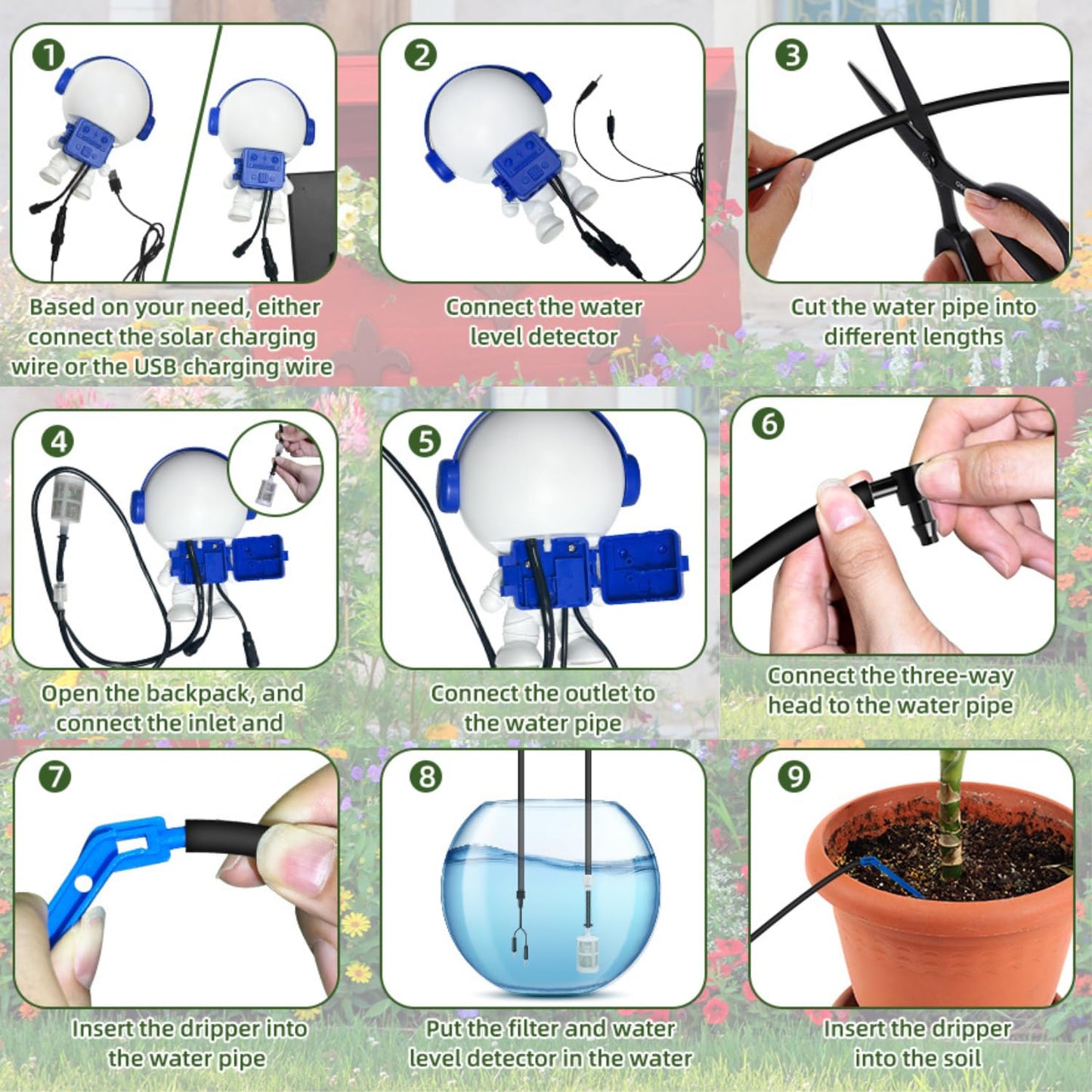 BEMTTALY Solar Drip Irrigation System for Garden/Outdoor/Indoor, Garden Solar Automatic Watering System for 15 Potted Plants, Vacation Automatic Plant Waterer Outdoor with 2500mAh Battery, 50Ft Tube