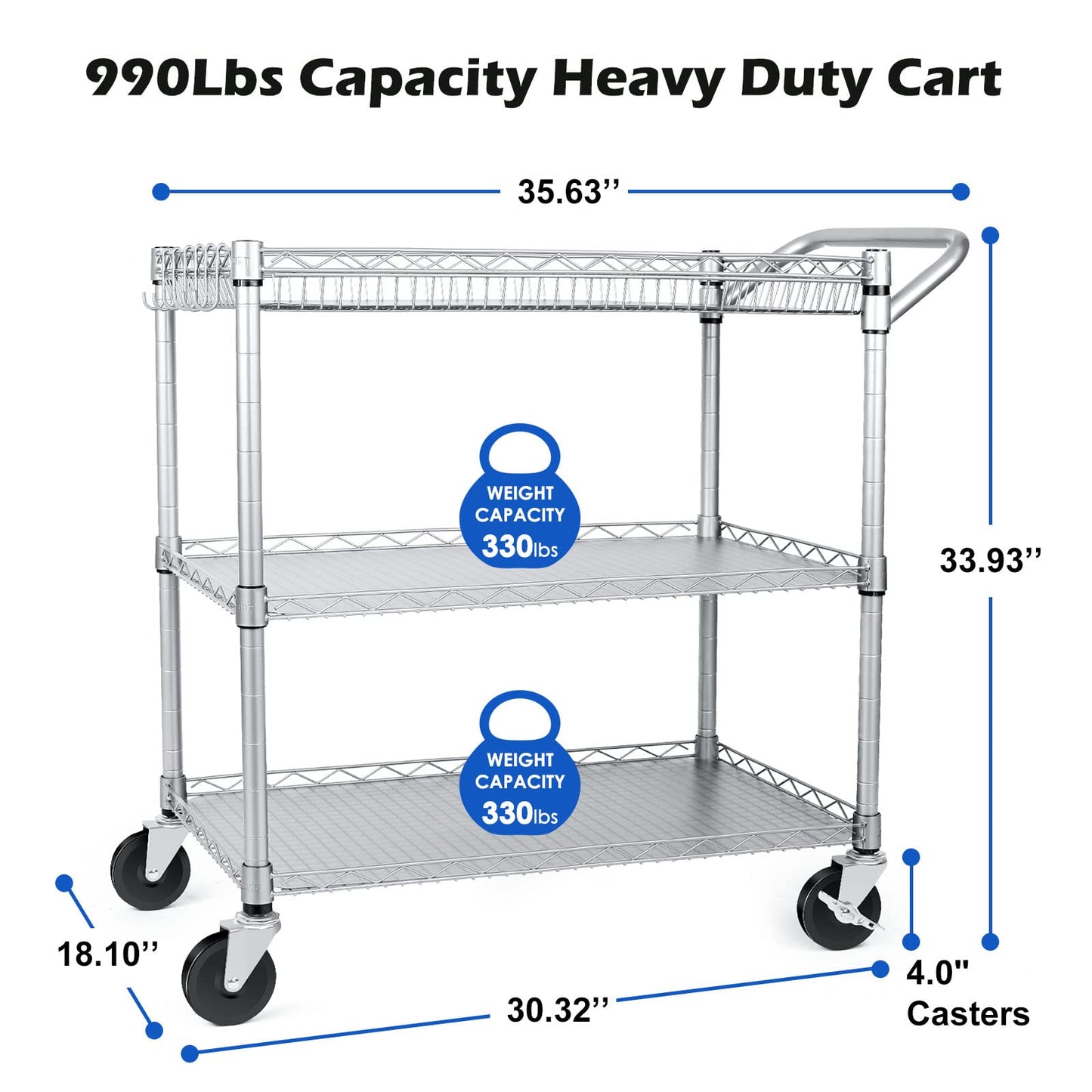 WDT 990Lbs Capacity Heavy Duty Rolling Utility Cart, NSF Rolling Carts with Wheels,Commercial Grade Metal Cart with Handle Bar & Shelf Liner,Trolley Serving Cart for Restaurant,Kitchen,Gray