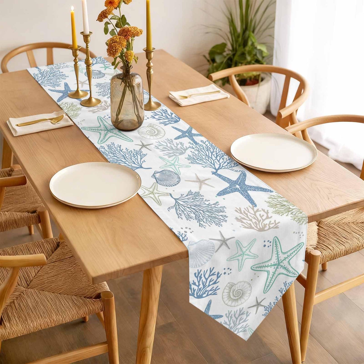 Beach Coastal Table Runner 36 Inches Long, Summer Nautical Dress Scarves, Ocean Starfish Coral Shell Kitchen Dining Table Decorations and Supplies Farmhouse Table Runners for Home Party Small 13"x36"