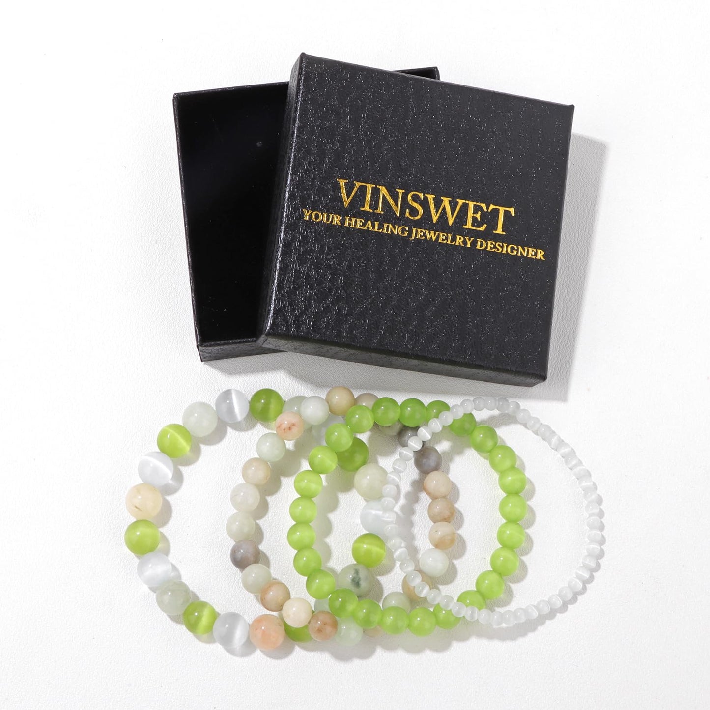 Vinswet 4pcs Natural Stone Beaded Bracelets for Women Men,Healing Crystal Gemstones Stretch Bracelet,4mm 6mm 8mm 10mm Cat Eyes Amazonite Amazonite Anxiety Stress Relief Bracelet Jewelry Gifts