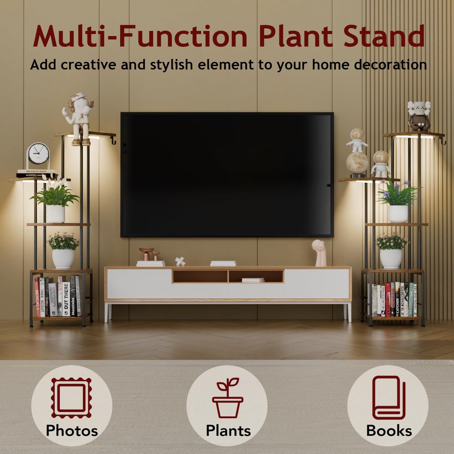 Homsorout Plant Stand Indoor with Grow Light - 5-Tier Metal Plant Shelf with Hanging Basket Hook, Corner Tall Flower Holder for Multiple Plants, Living Room Balcony Garden Patio, Rustic