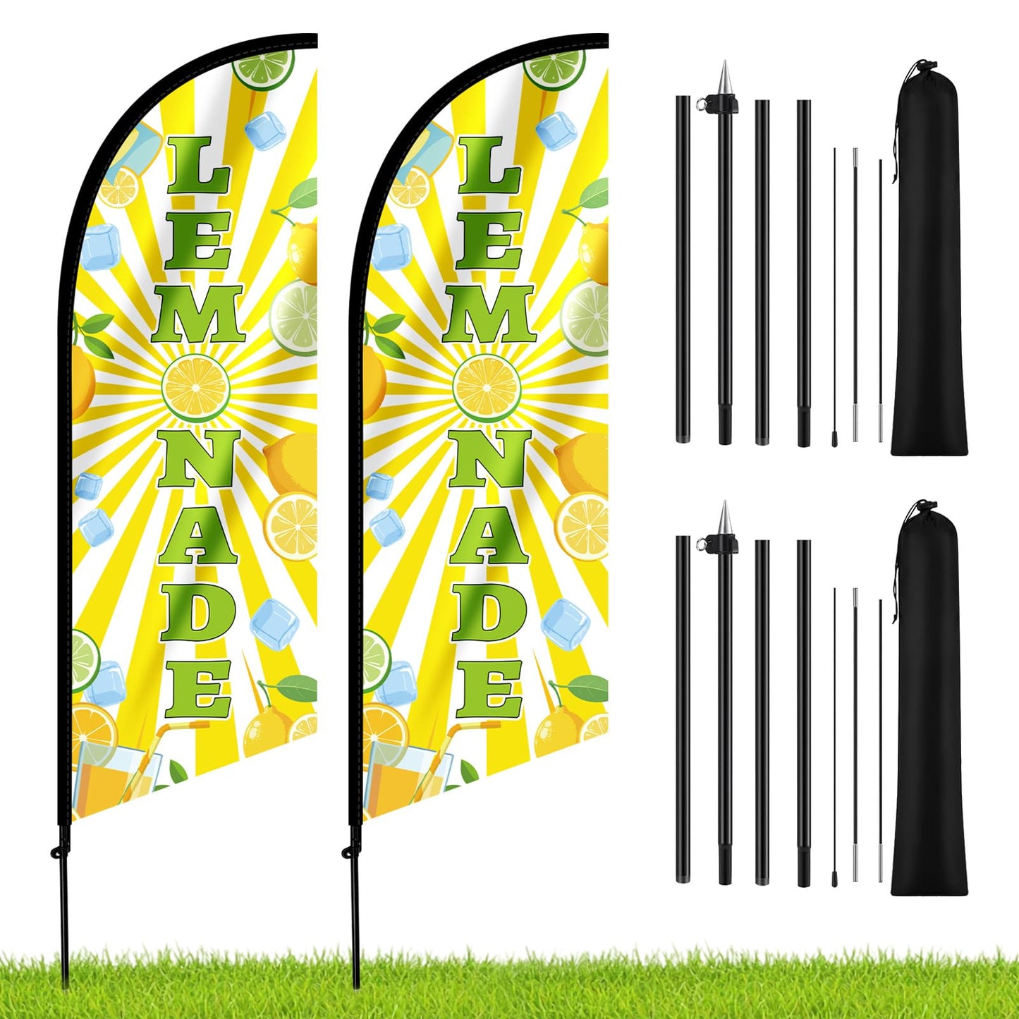 Nlicrst 2 Set Lemonade Feather Flag Kit - Includes Vibrant Lemon Banners, Sturdy Flag Poles & Carrying Bag, Eye-Catching Lemonade Stand Decor for Outdoor Advertising, Yard Sales, Parties & Events