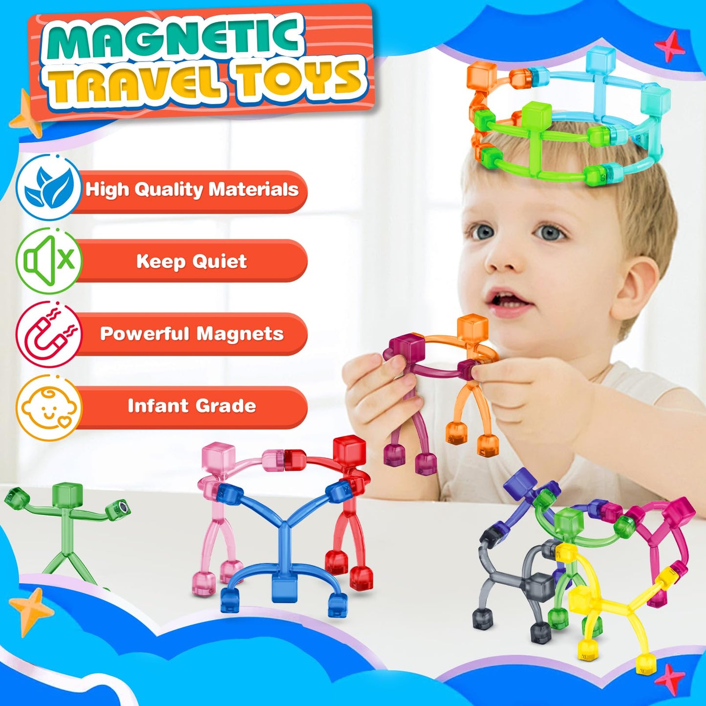 Pushmick 10-Pack Magnetic Men Fidget Toys, Travel Sensory Toys for Kids & ADHD Autism, STEM Learning Gifts for Stocking Stuffers.