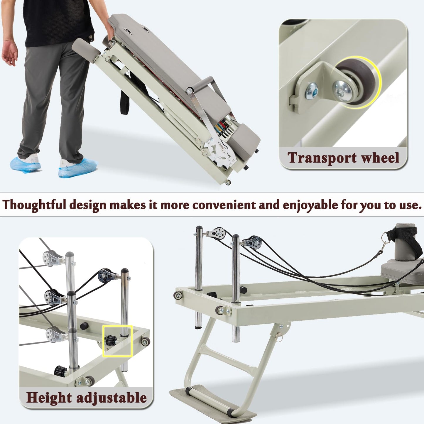 Pilates Reformer Machine，Grey Foldable Pilates Reformer Equipment Home Indoor Workout Machine，for Home Gym Cardio Fitness Personal Indoor Sport Apparatus