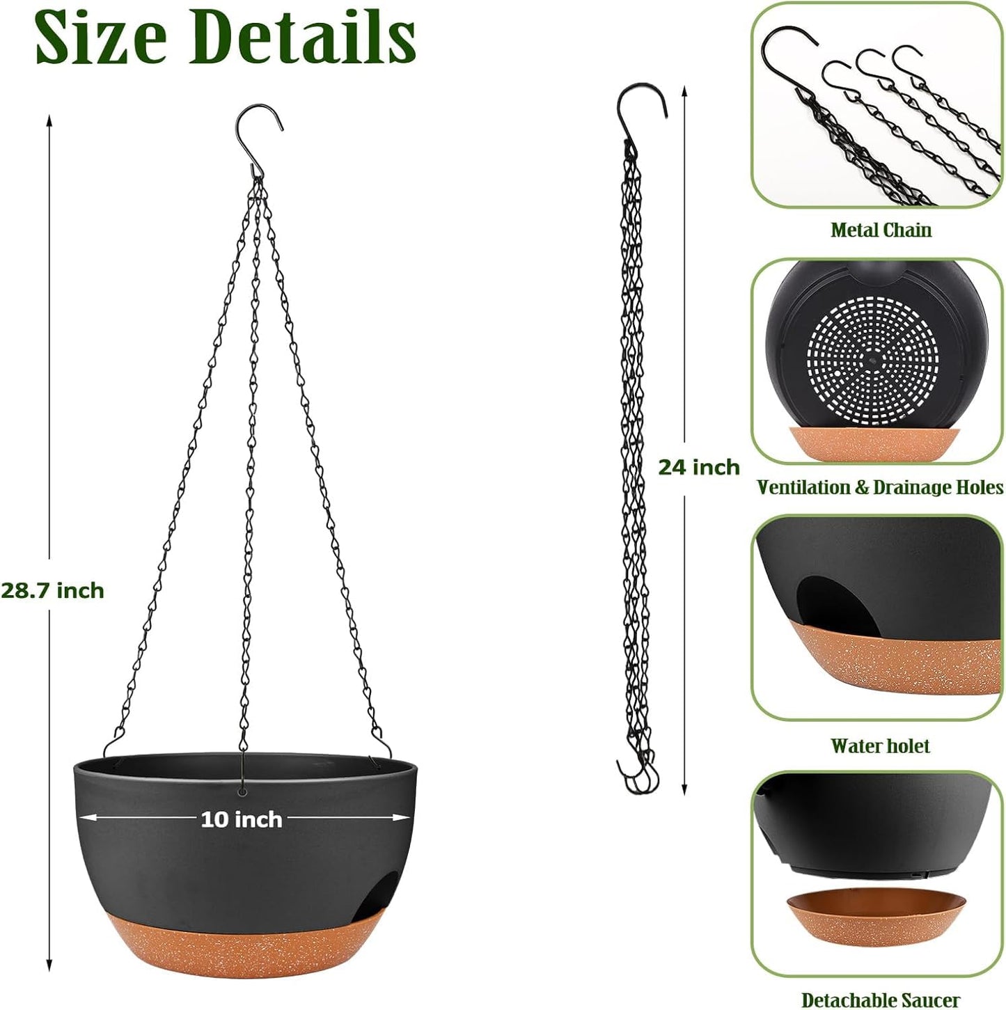 Lucieblessdesign Hanging Planters for Outdoor Indoor Plants, 2 Pack 10 Inch Hanging Basket Plants Outdoor, Self Watering Hanging Planter with Plant Hanger for Garden Home Decoration (Black, 10 inch)