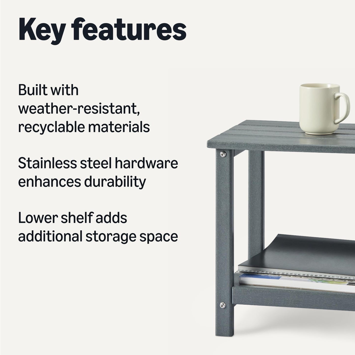 Amazon Basics Outdoor Side Table with Lower Shelf, Weather-Resistant Stainless Steel, 41.91cm x 32cm x 41.91cm, Grey, 1-Pack
