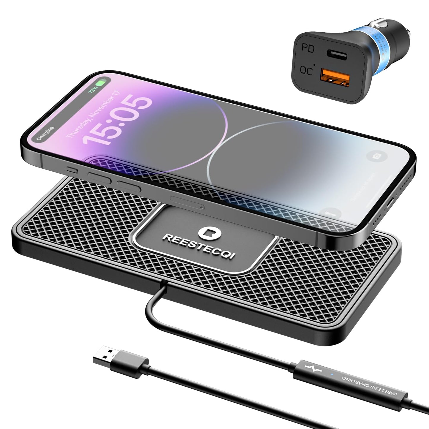 Wireless Car Charger Pad, REESTECQI 15W Wireless Charging Pad for Car Non Slip Phone Car Wireless Charger [40W Car Charger Included] for iPhone 17 16 15 14 13, AirPods 3/Pro 2, Samsung S26/S25/S24