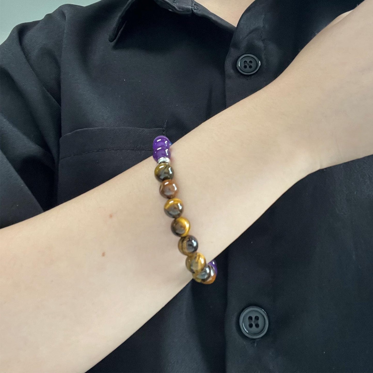 KONPJE Anxiety Beaded Bracelet for Women Natural Healing Crystal Bracelets Yoga Beads Chakra Bracelets Triple Protection Handmade Stretch Fidget Tiger Eyes Bracelet for Men Good Luck Jewelry (Purple)