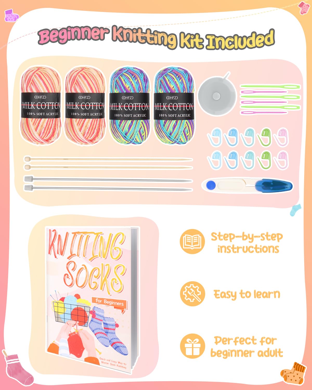 Katech Beginner Knitting Kit for Adults, 4 Pcs Socks Yarn Knitting Kit with Step by Step Instruction and 4 Knitting Needles, Knitting Starter Kit for Learn to Knit Craft Kits Gift
