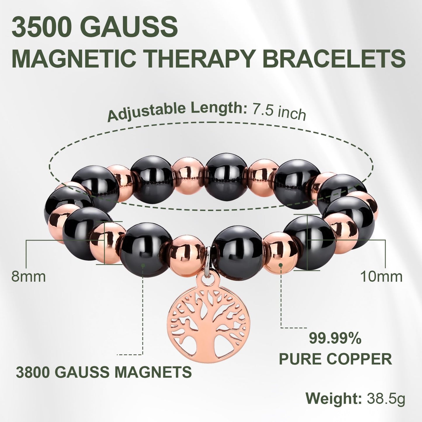 Fashtour Copper Beads Bracelet for Women and Men, Adjustable 99.99% Pure Copper Beads with 10mm Hematite Stones, Magnetic Beaded Jewelry Gift with Tree of Life Charm (10mm)