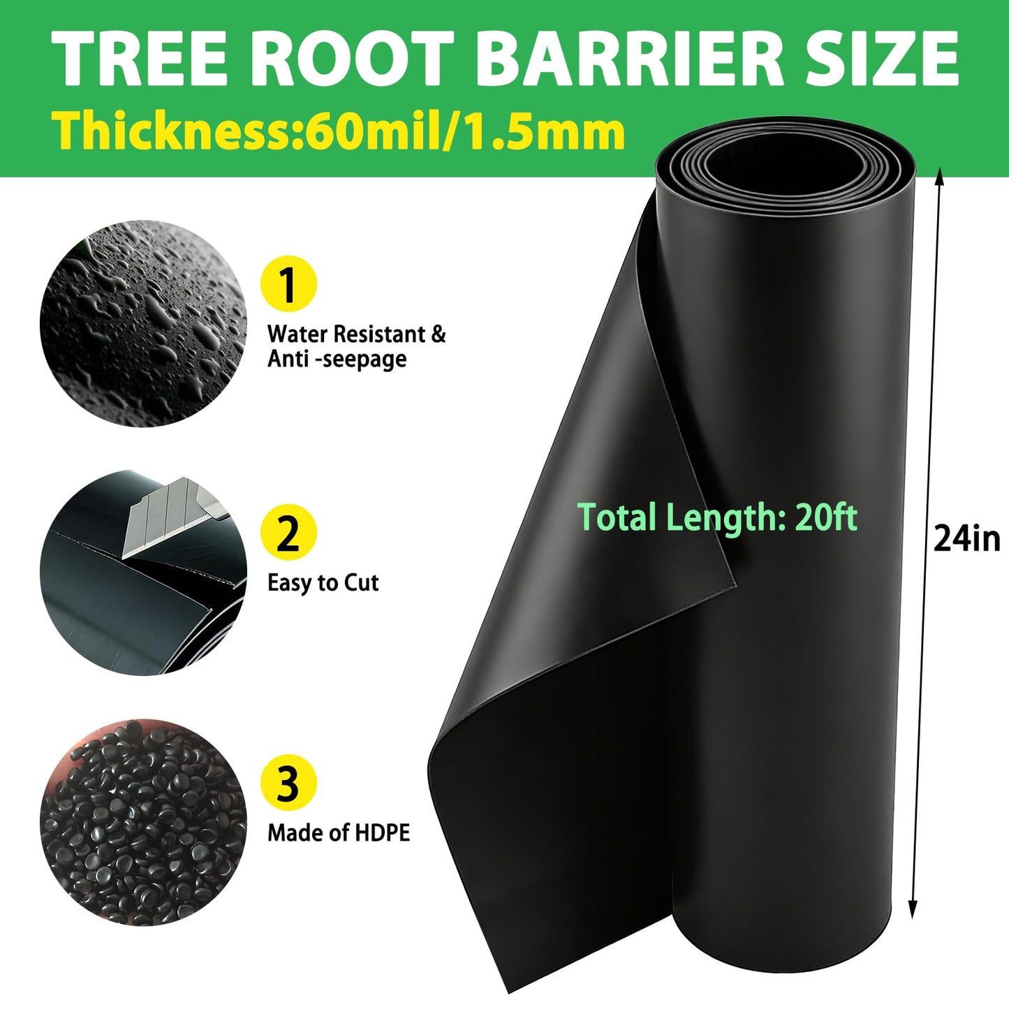 West Bay 20ft x 24in x 60mil Tree Root Barrier, Heavy-Duty Bamboo Root Barrier Weed Blocker for Landscape Tree Ring Edging Garden Borders Driveway and Sidewalk Protection Roads