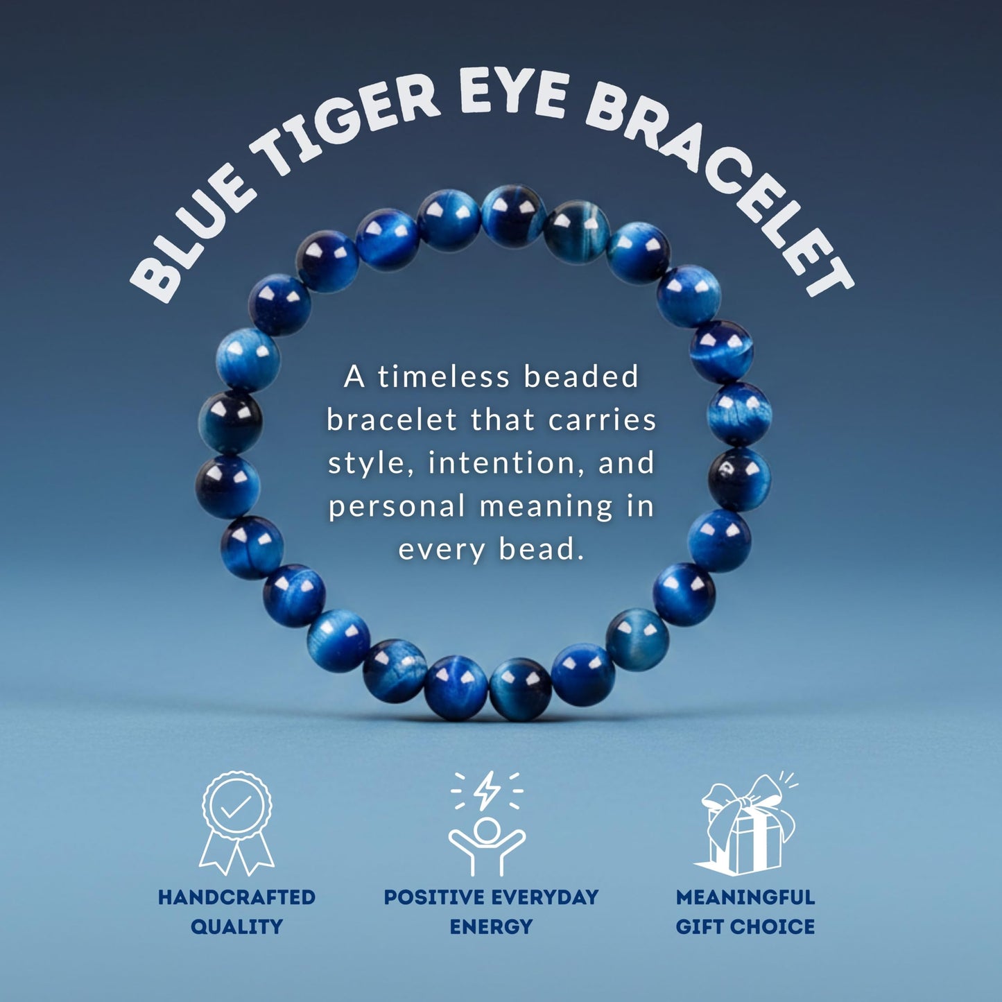 Cherry Tree Collection Jade Blue Tiger's Eye Beaded Bracelet – Genuine 8mm Gemstone Stretch Bracelet for Men & Women – Handmade Crystal Bracelet - (Jade Blue Tiger's Eye - M)
