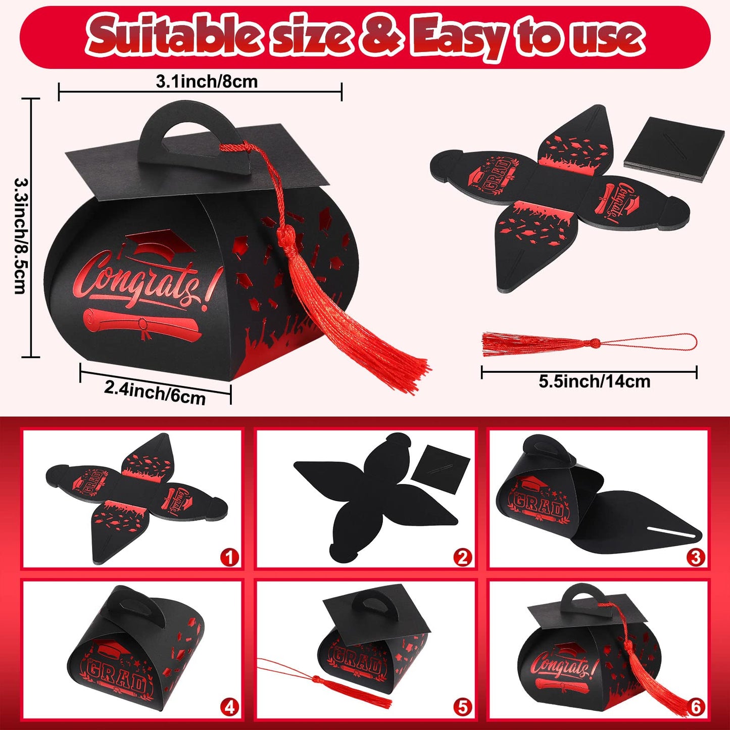 TaoBary 30 Pcs Graduation Cap Gift Boxes Graduation Decorations Class of 2026 Candy Box with Tassel for 2026 Grad Party Favors Supplies(Red)
