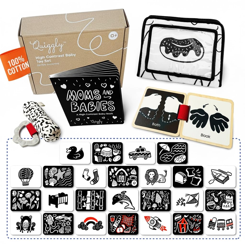 Quiggly High Contrast Baby Toy Set - Black and White Newborn Sensory Toys - Tummy Time Mirror, 25 Visual Stimulation Cards & Board Book - Infant Play Kit for Newborns 0-3 Months (Standard)
