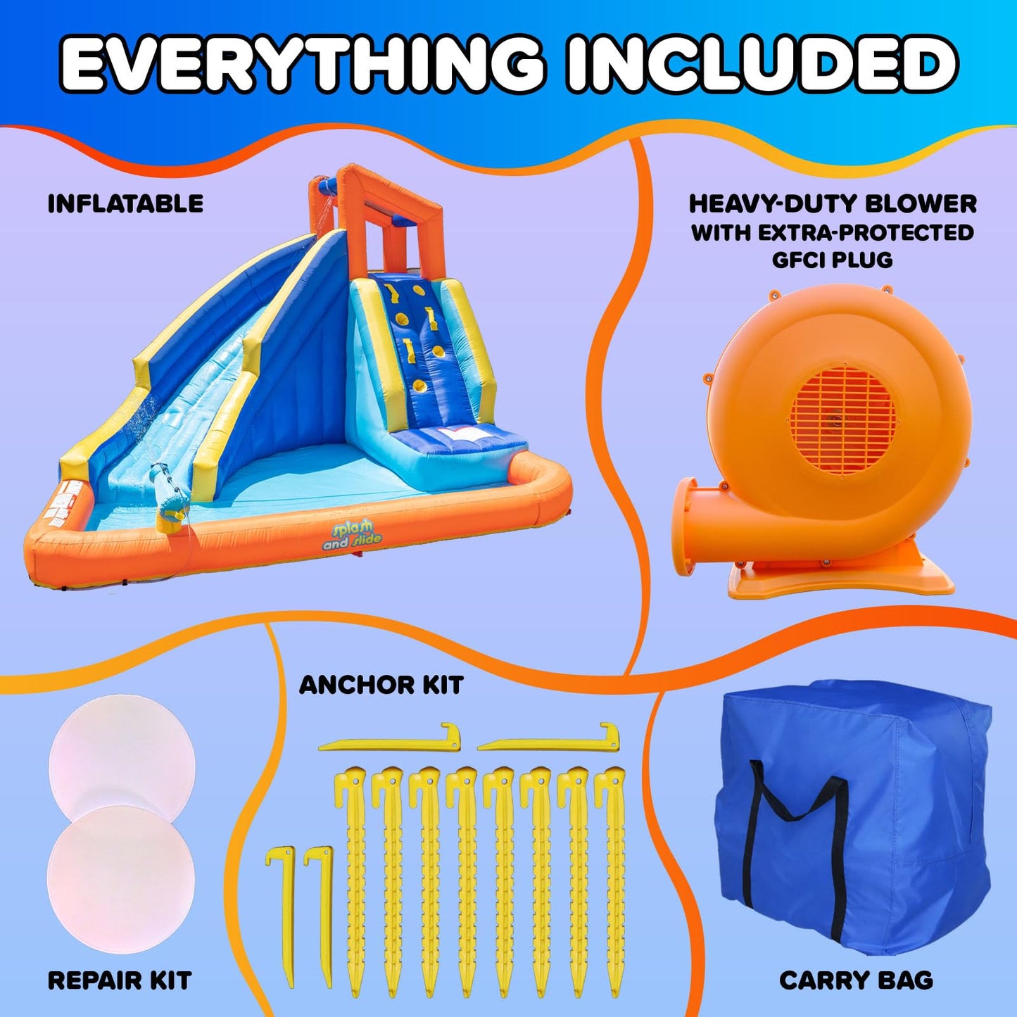 Sportspower Big Wave II Large Outdoor Inflatable Water Slide with Climbing Wall & Splash Pool, Heavy Duty, ASTM Certified, on 400W Blower