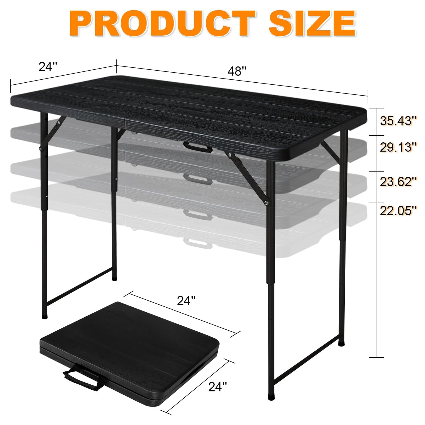 FROASISPRO 4ft Folding Table, Portable Fold-in-Half Adjustable Height Utility Table for Indoor/Outdoor Use, Durable HDPE & Steel, Stable & Lightweight, Multi-Purpose, Black Woodgrain