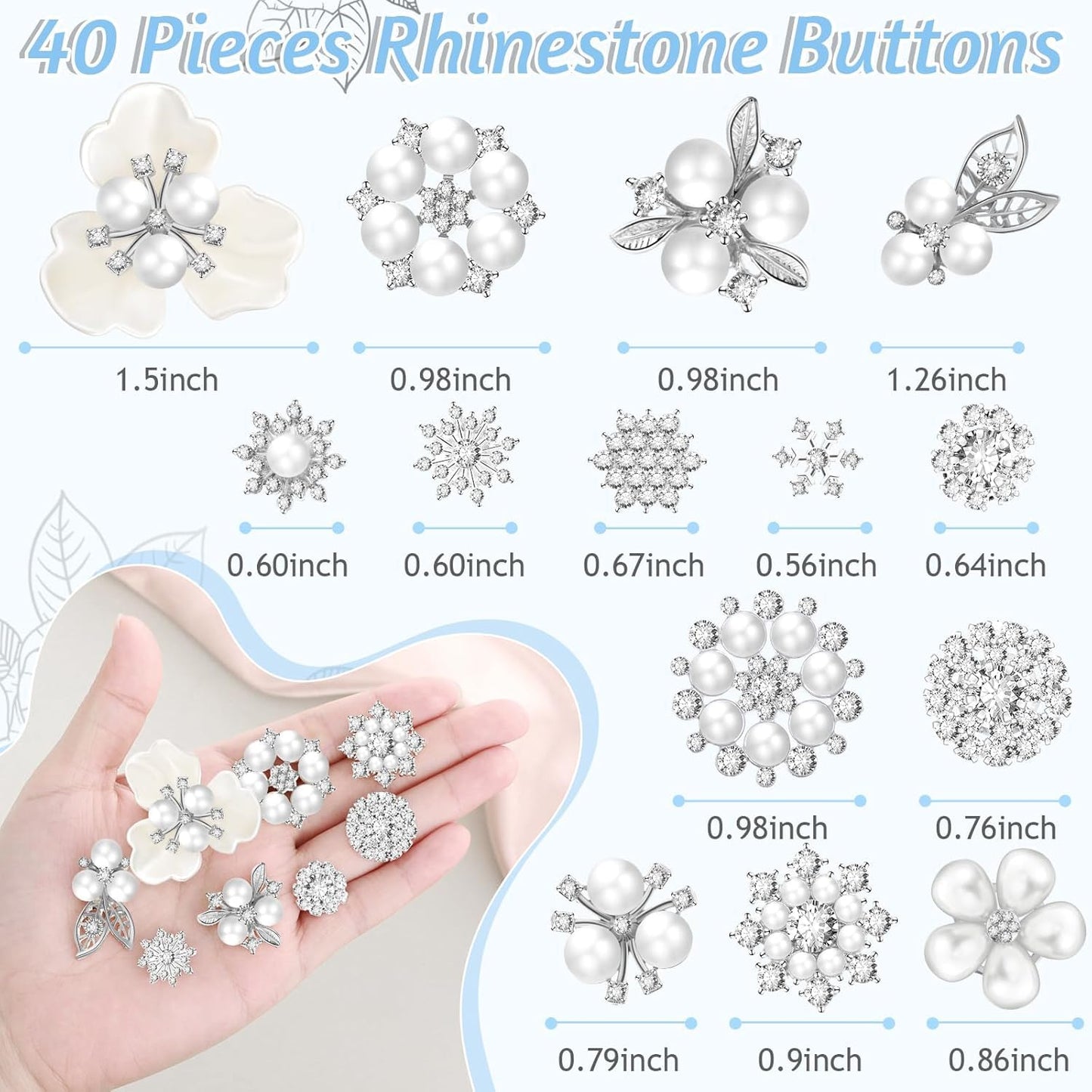 Wavwavw 40 Pcs Rhinestone Buttons Faux Pearl Buttons Flower Flat Back Embellishment Appliques for Craft Jewelry Making DIY Wedding Decor Bouquet Hair Clothes Bag Shoe Home Party