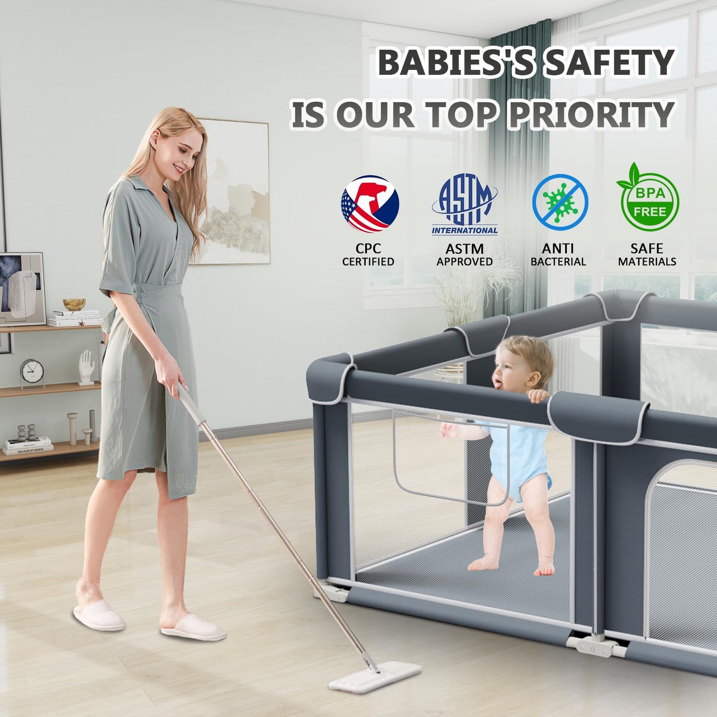 G TALECO GEAR Foldable Playpen for Babies and Toddlers, 50"x50" Portable Play Yard with Mat, Kids Collapsible Play Pen with Sturdy Metal Frame & Mesh Walls, Indoor & Outdoor Baby Fence Play Area