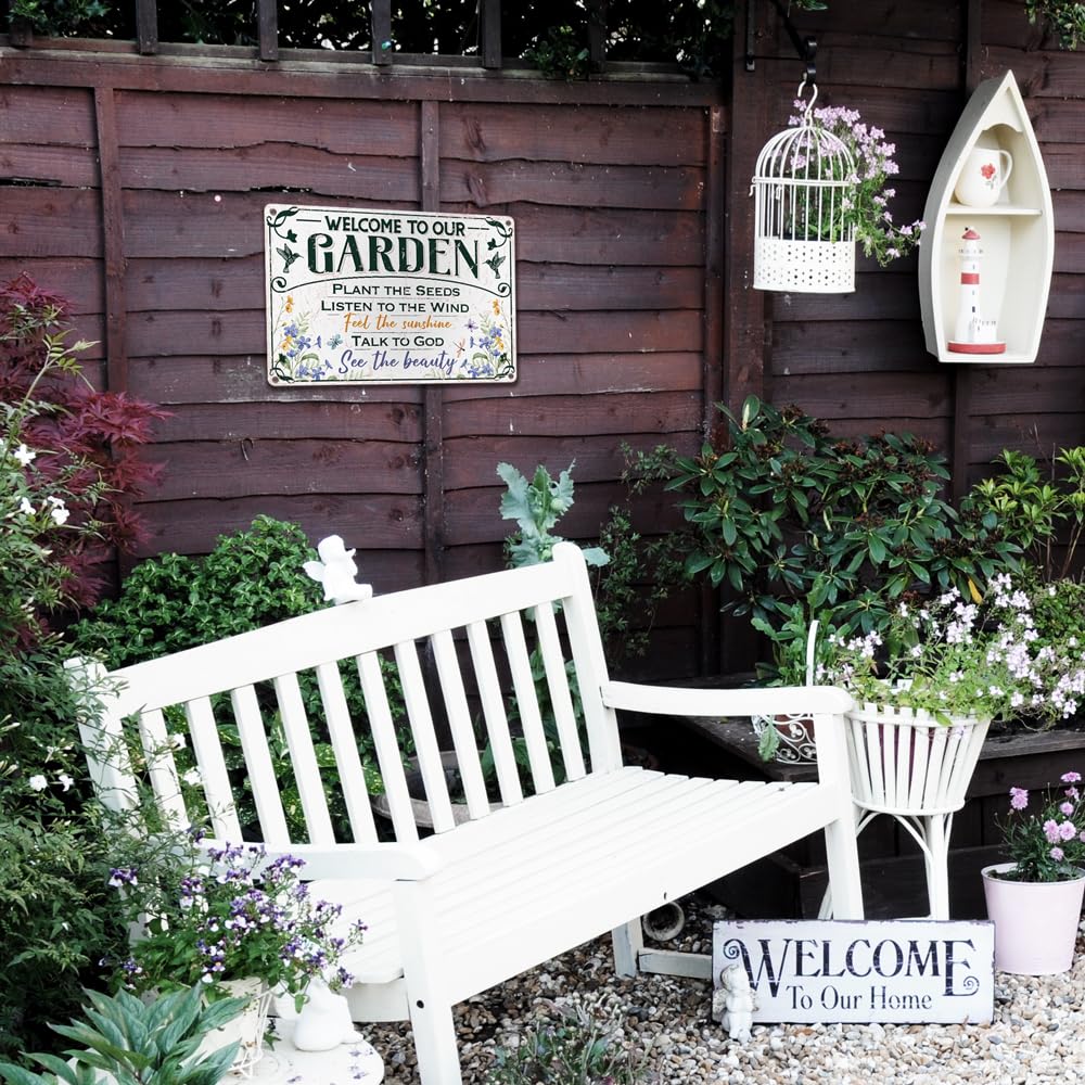 Moanlor Art Welcome To Our Garden Metal Sign 12"x8" Outside Garden Welcome Sign Gardening Gifts and Decorations for Women Gardeners Plant Lovers