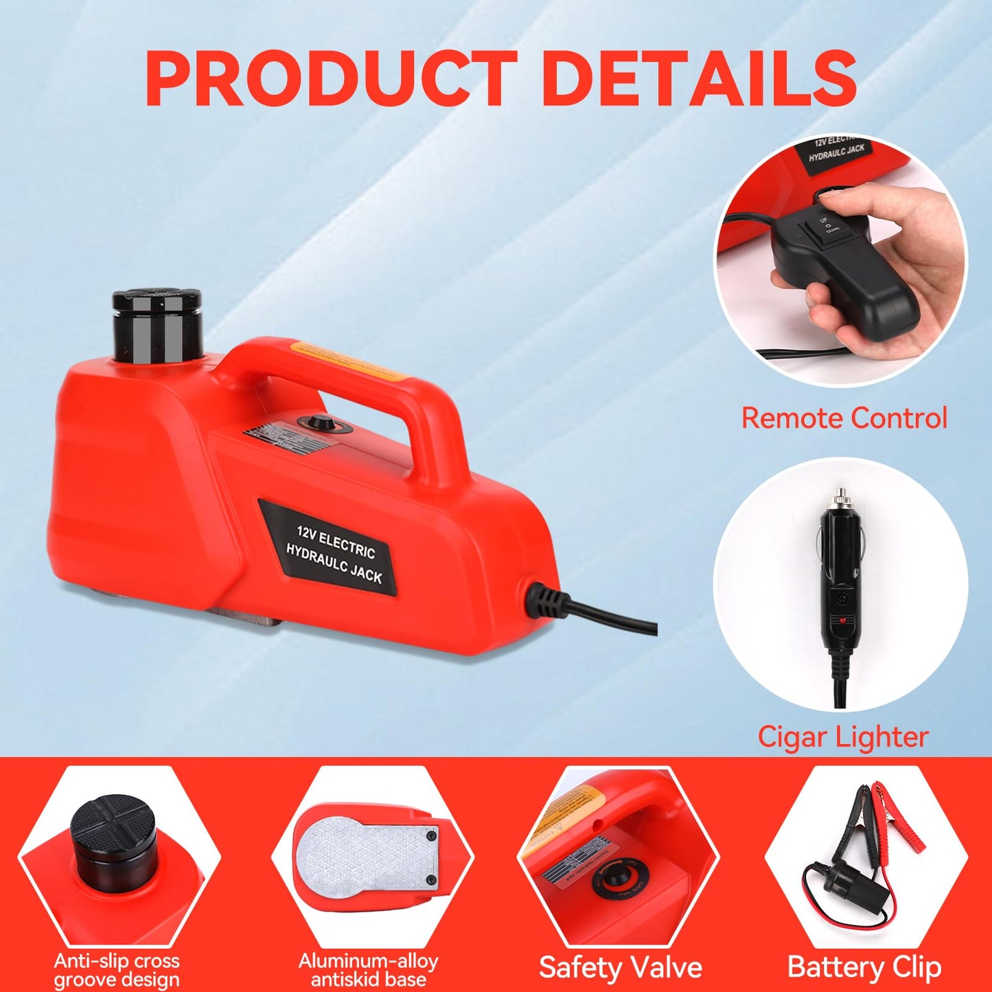 Trihelper Electric Car Jack 5 Ton 12V Hydraulic Jack Portable Car Lift Floor Jack Stand for Sedans SUV MPV Sedan Truck Change Tires Garage Repair Roadside Emergency Kit