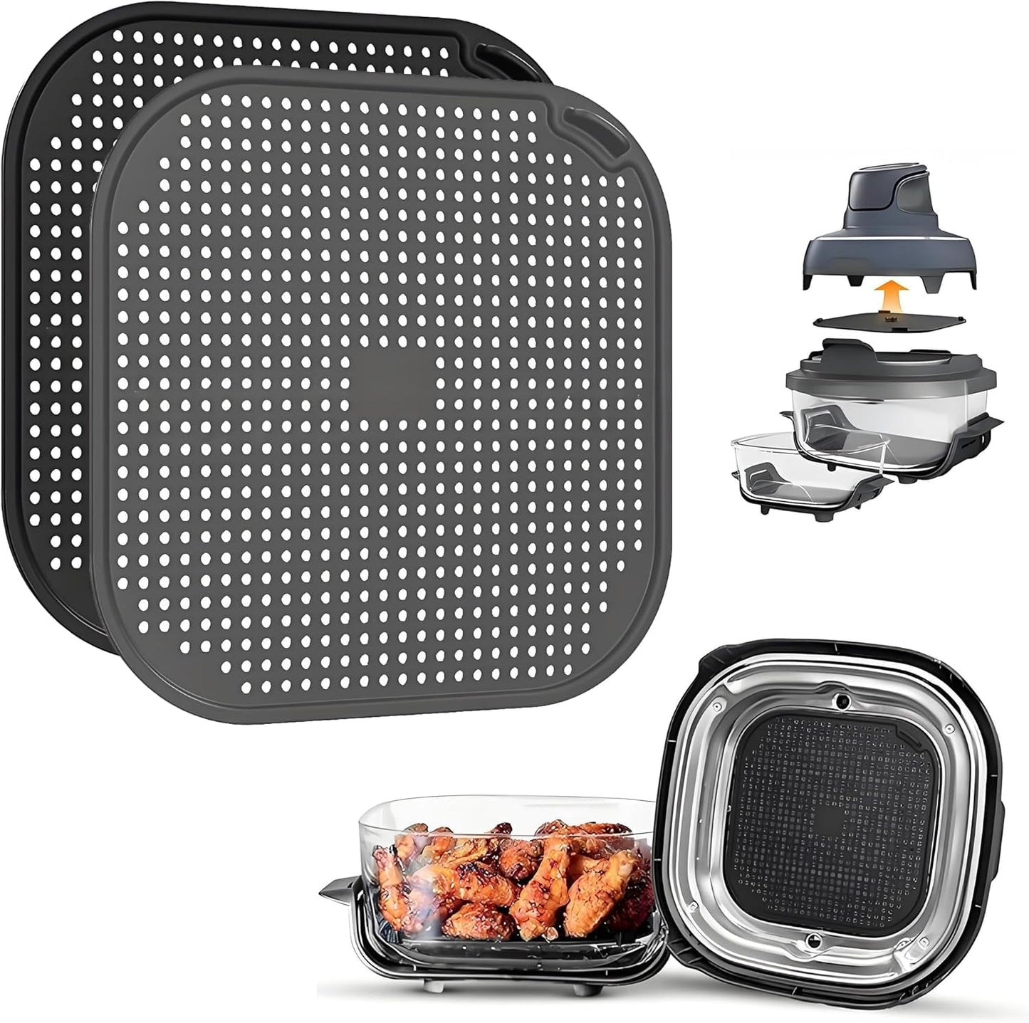 Silicone Splatter Shield for Ninja FN101 Air Fryer, Heat Resistant Silicone Splash Guard Mat for Ninja Crispi Air Fryer, Food-grade Air Fryer Accessories, 2 Pack (Black&Grey)