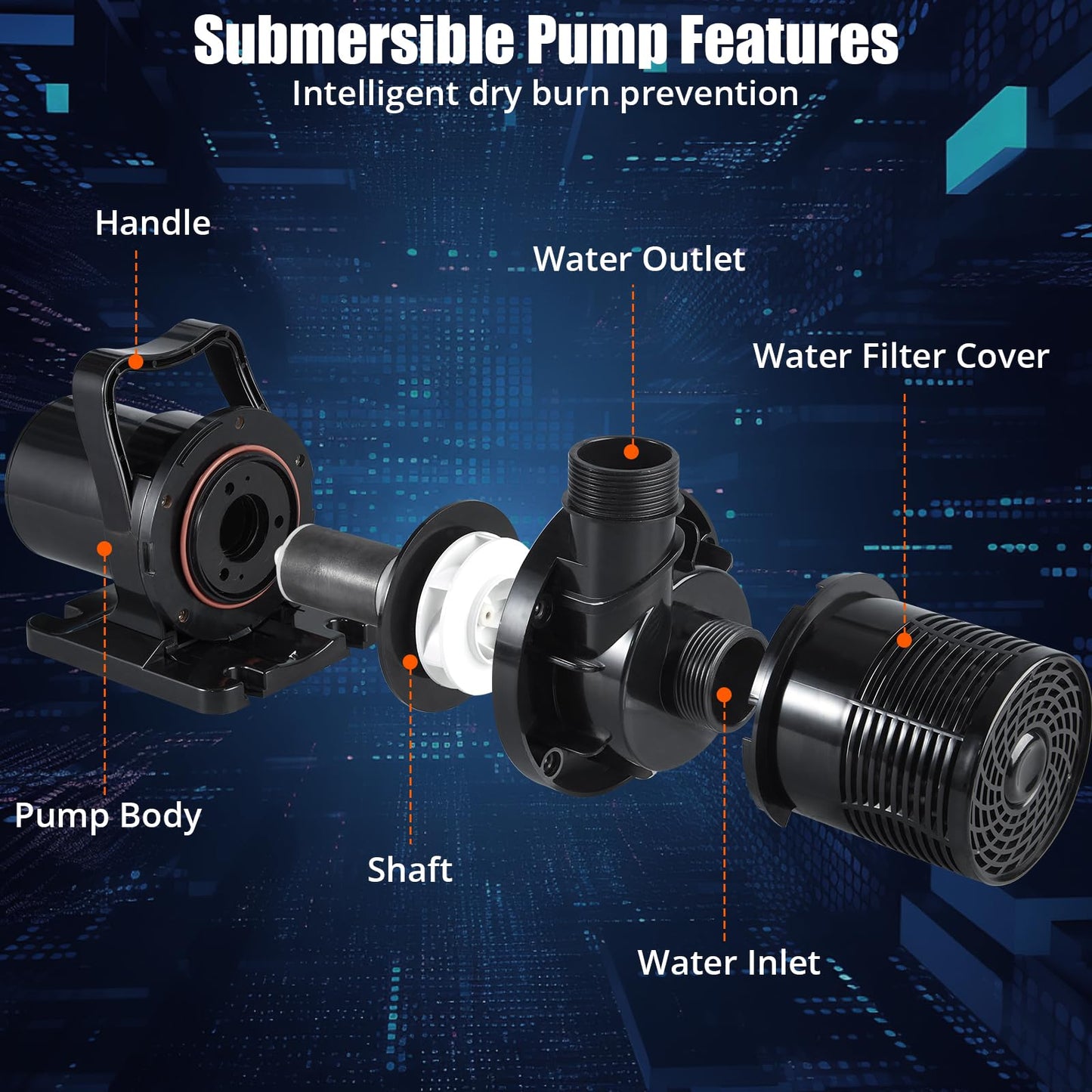 170W 4755 GPH Submersible Water Pump with Adapters, Water Pump 33 FT Lift High for Ponds, Fountains, Waterfalls and Water Circulation, Aquarium Pump Quiet Operation Vertical/Horizontal w/ 16 FT Cord