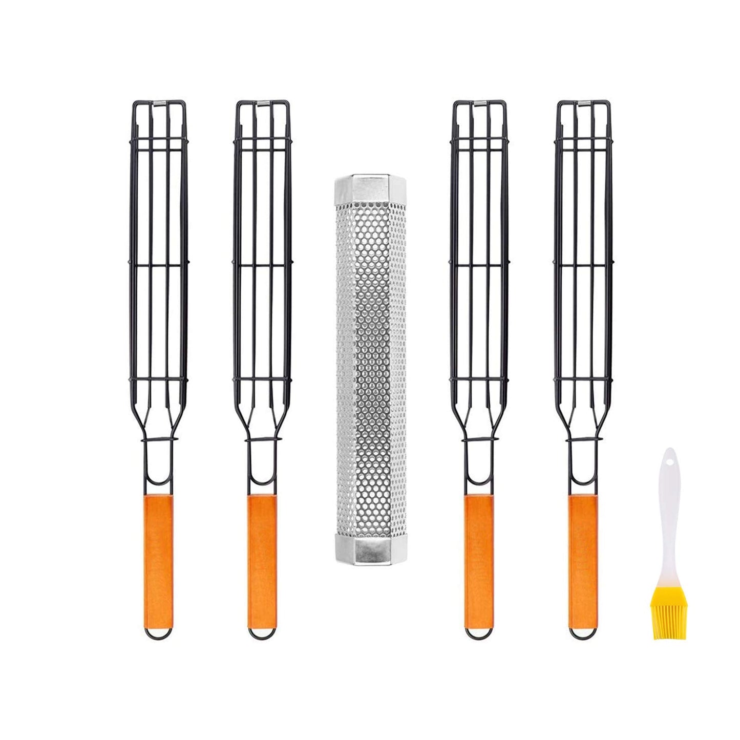 Kabob Grilling Baskets, BBQ Grill Accessories Set of 4 with 12" Stainless Steel Hot/Cold Smoker Tube, BBQ Smoker Rotisserie Basket for Grilling Vegetables